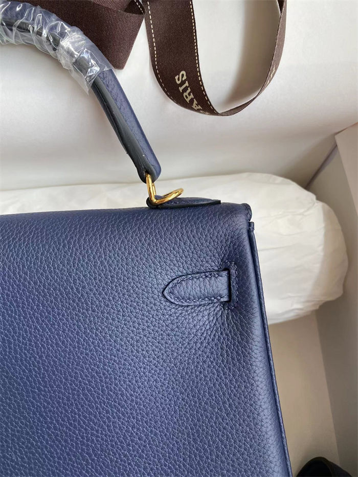 Hermes Kelly 25/28/32cm Retourne Bag Togo Leather In bleu obscur WAX High