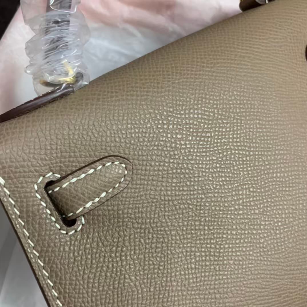 Hermes Kelly Mini II Bag Epsom Leather WAX Silver/Gold Metal Etoupe High