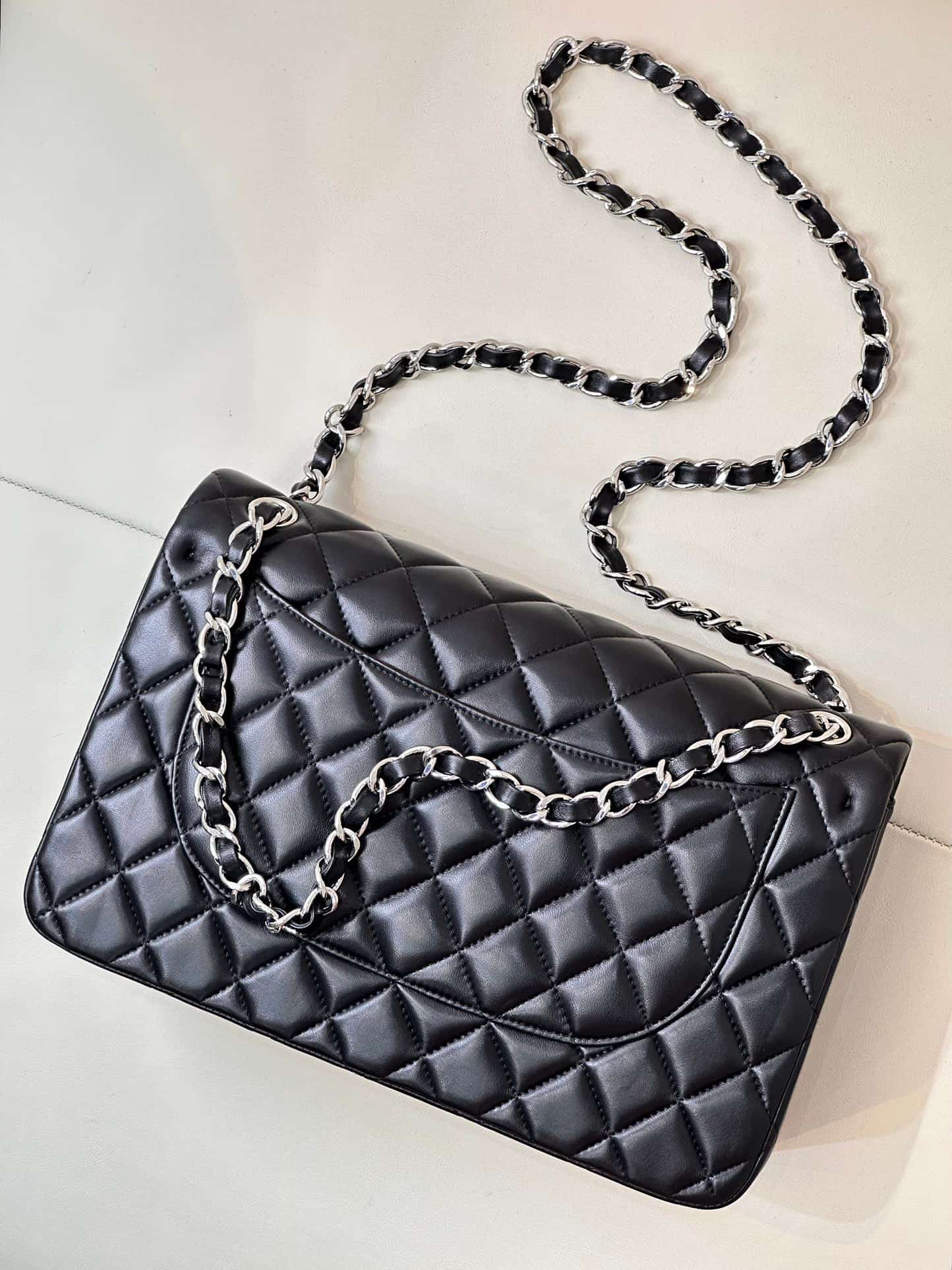 Chanel Large CLASSIC HANDBAG Lambskin Black Silver Metal TOP