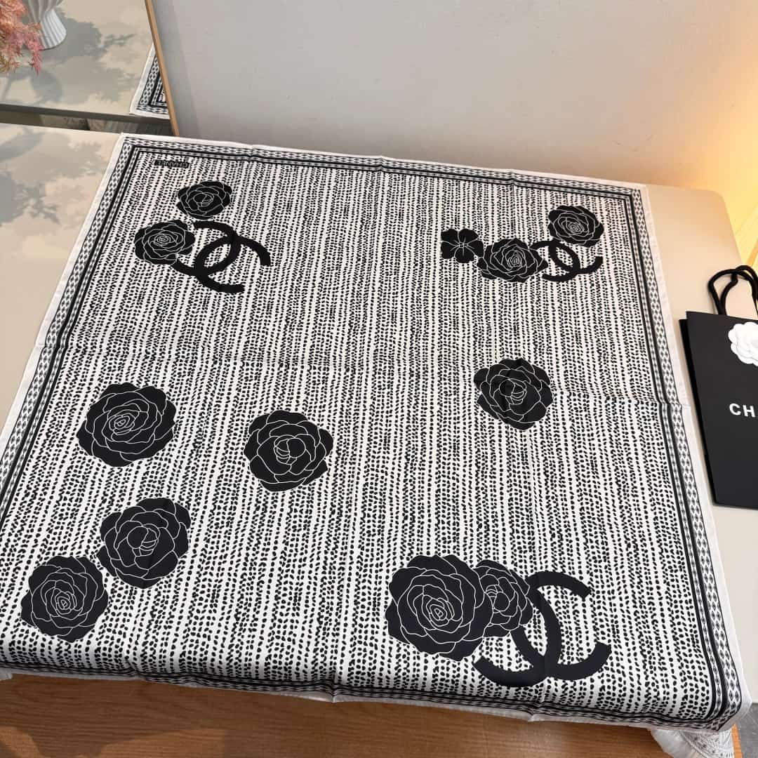 Chanel Camellia Flower Print Silk Square Scarf
