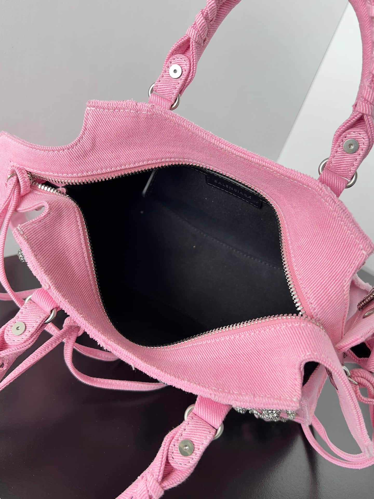 Balenciaga Small Neo Cagole City bag in Pink Washed Frayed Denim with crystal High