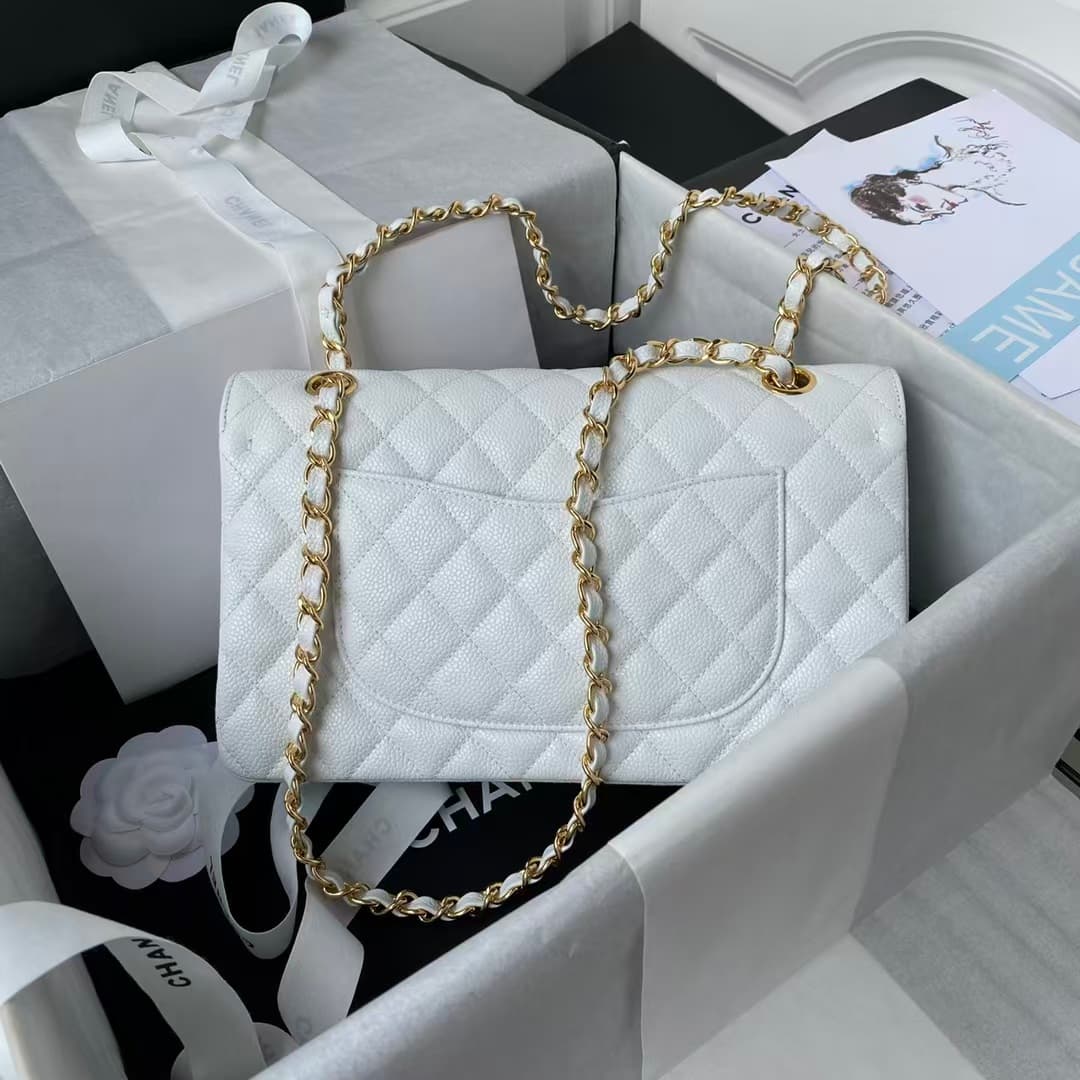 Chanel Medium CLASSIC HANDBAG Grained Calfskin White Gold Metal A