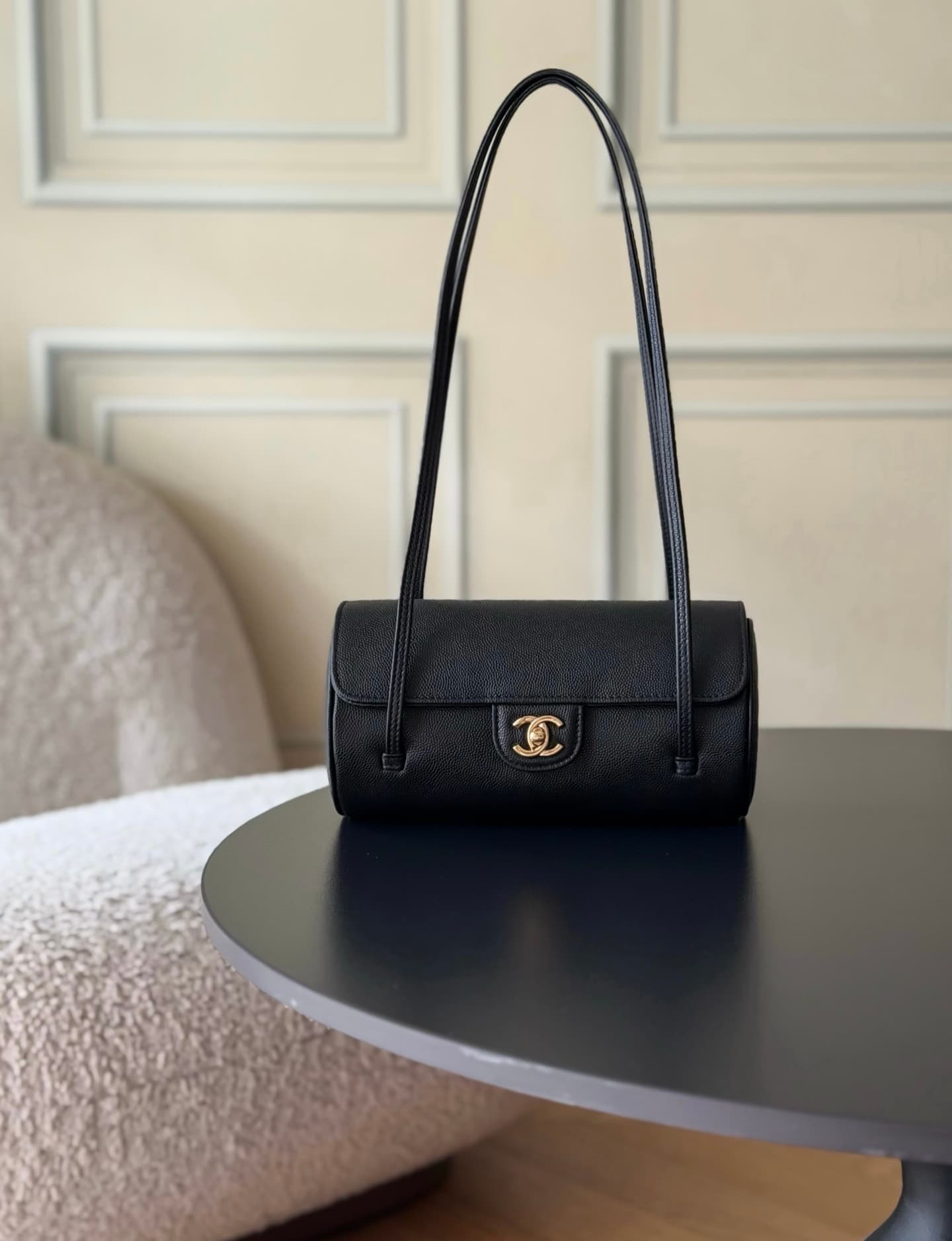 Chanel Small Bowling Bag Grained Shiny Calfskin & Gold-Tone Metal AS6143 Black High