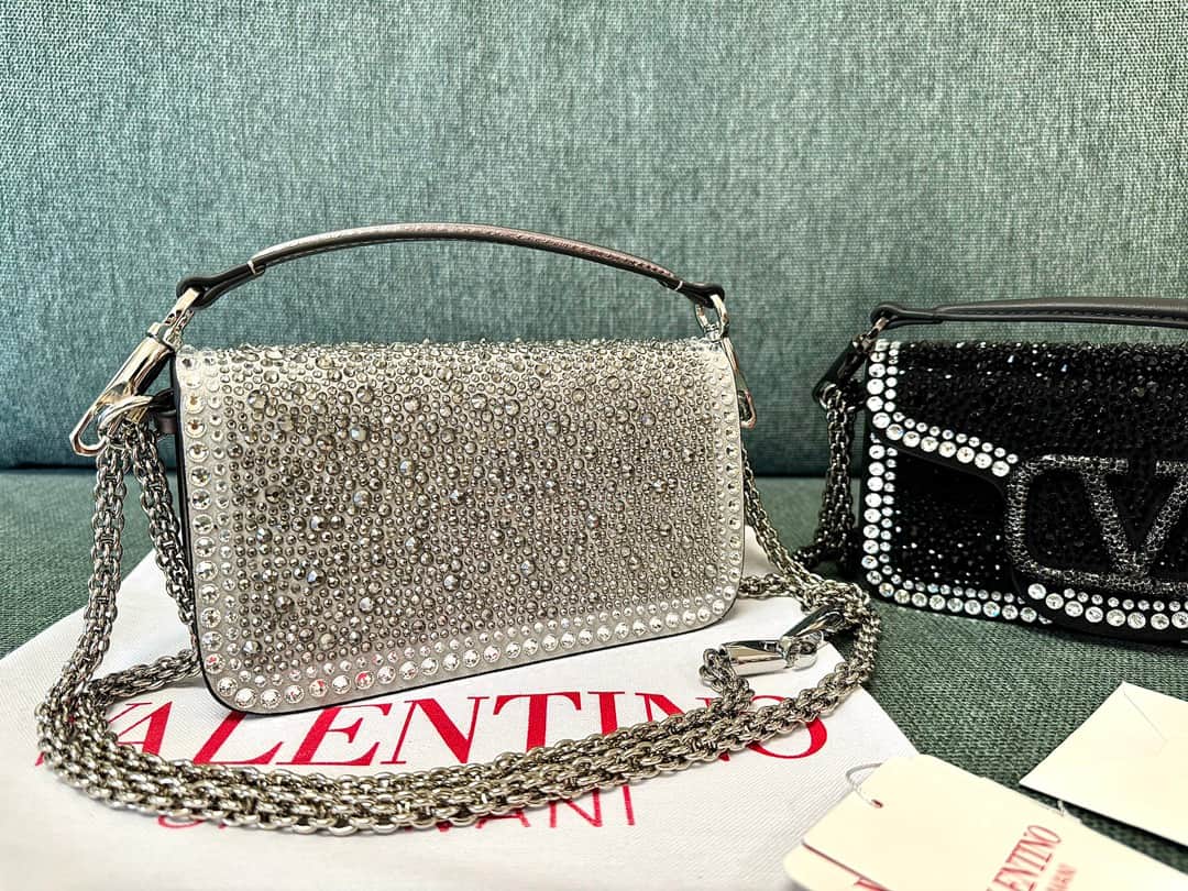 Valentino Garavani VLogo Loco Flap Embellished Leather Shoulder Bag Silver High