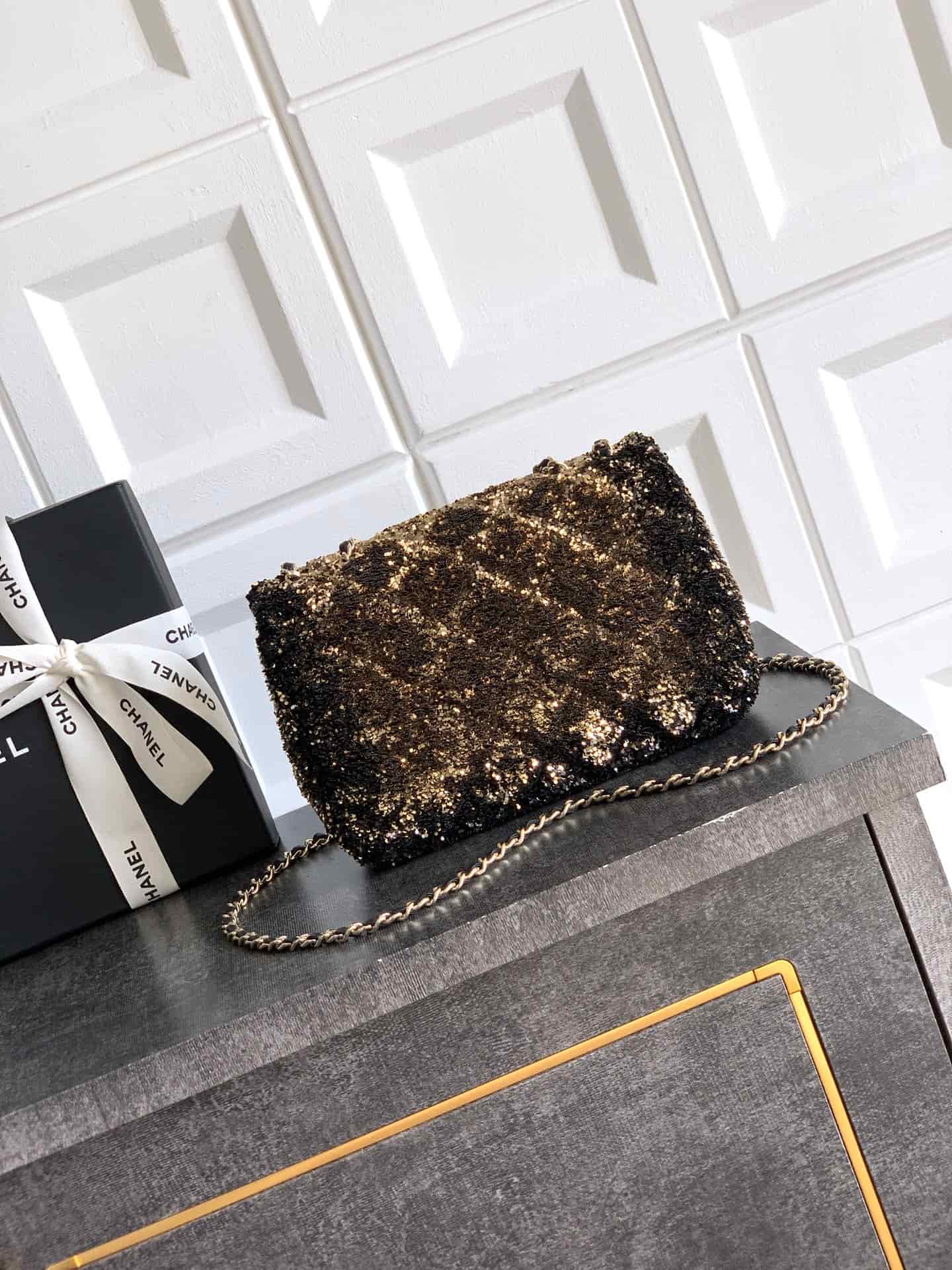 Chanel Classic Mini Flap Bag Sequin Embroidery & Gold-Tone Metal Dark Gold 6171 A