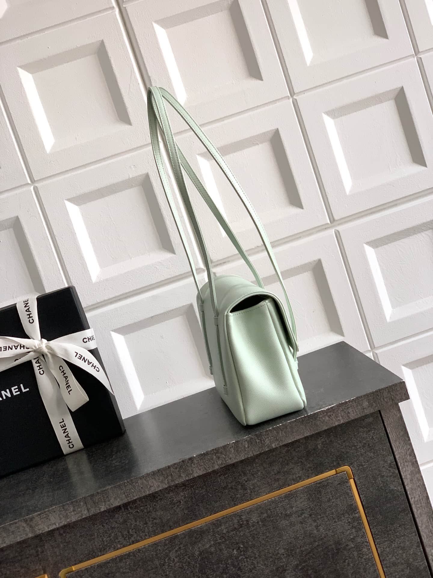Chanel Clutch with Leather Strap Grained Shiny Calfskin & Gold-Tone Metal Light Green  5809 High