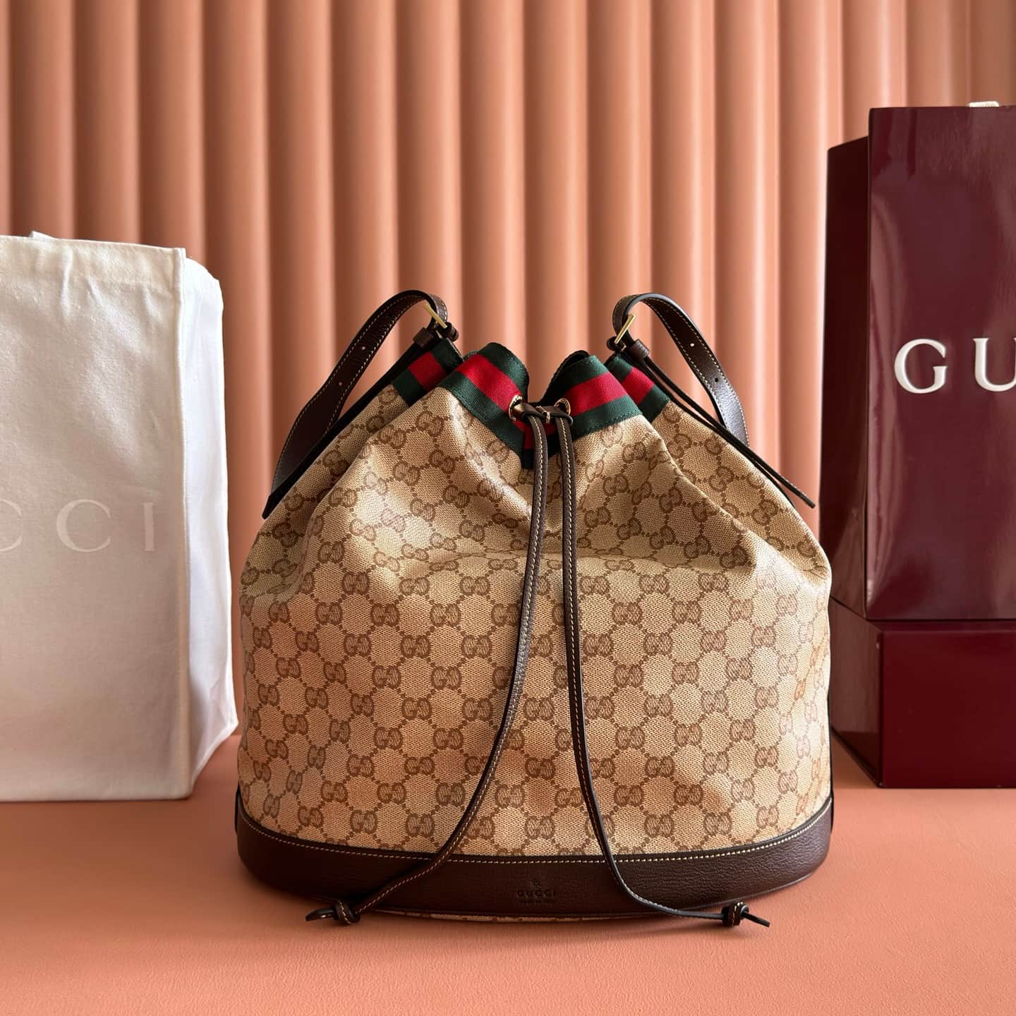 Gucci Venice large bucket bag Sand and dark brown GG coated canvas 875238 High