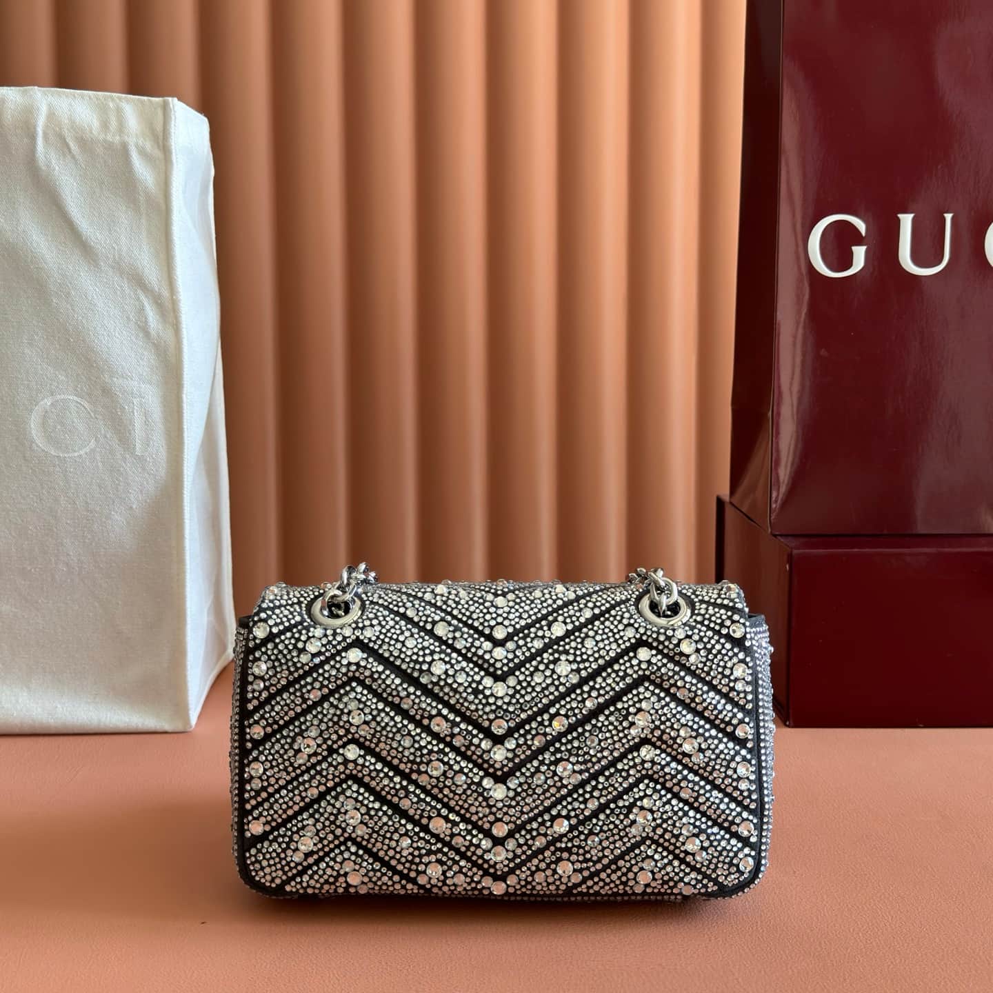 Gucci GG Marmont Shoulder Bag Black / Crystal 837280 High
