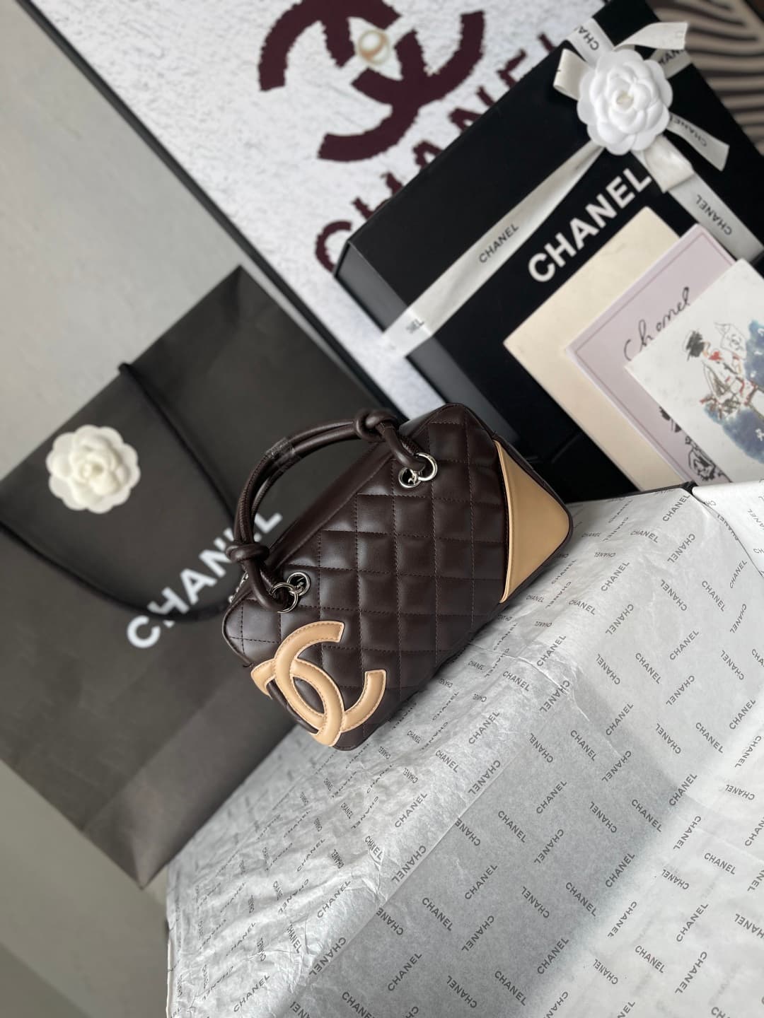 Chanel Cambon Ligne Bowler bag Calfskin & Silver-Tone Metal AS25172 Dark Brown High