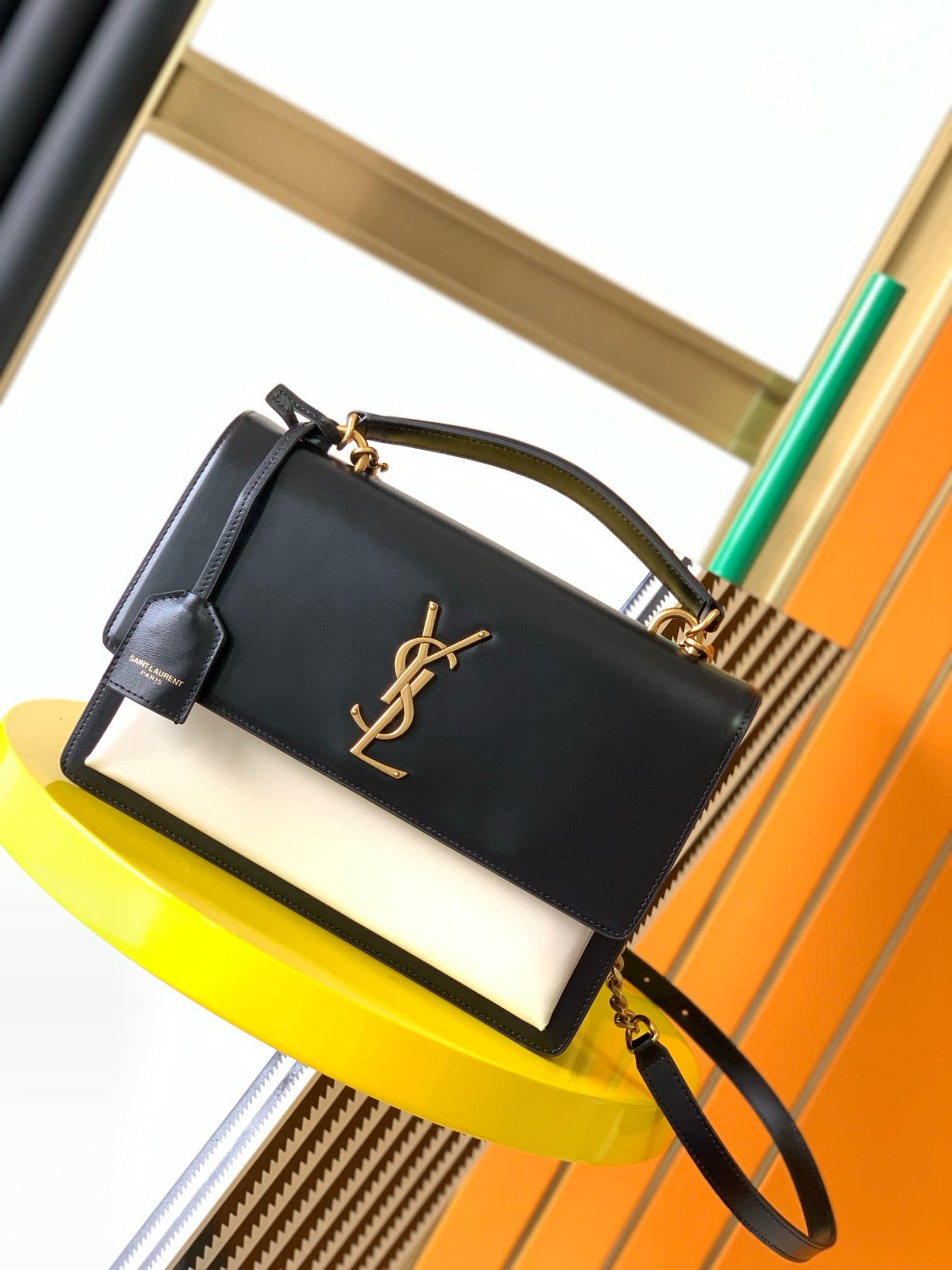 Saint Laurent Sunset Handle Bag Black and White Smooth  Leather 634723 High