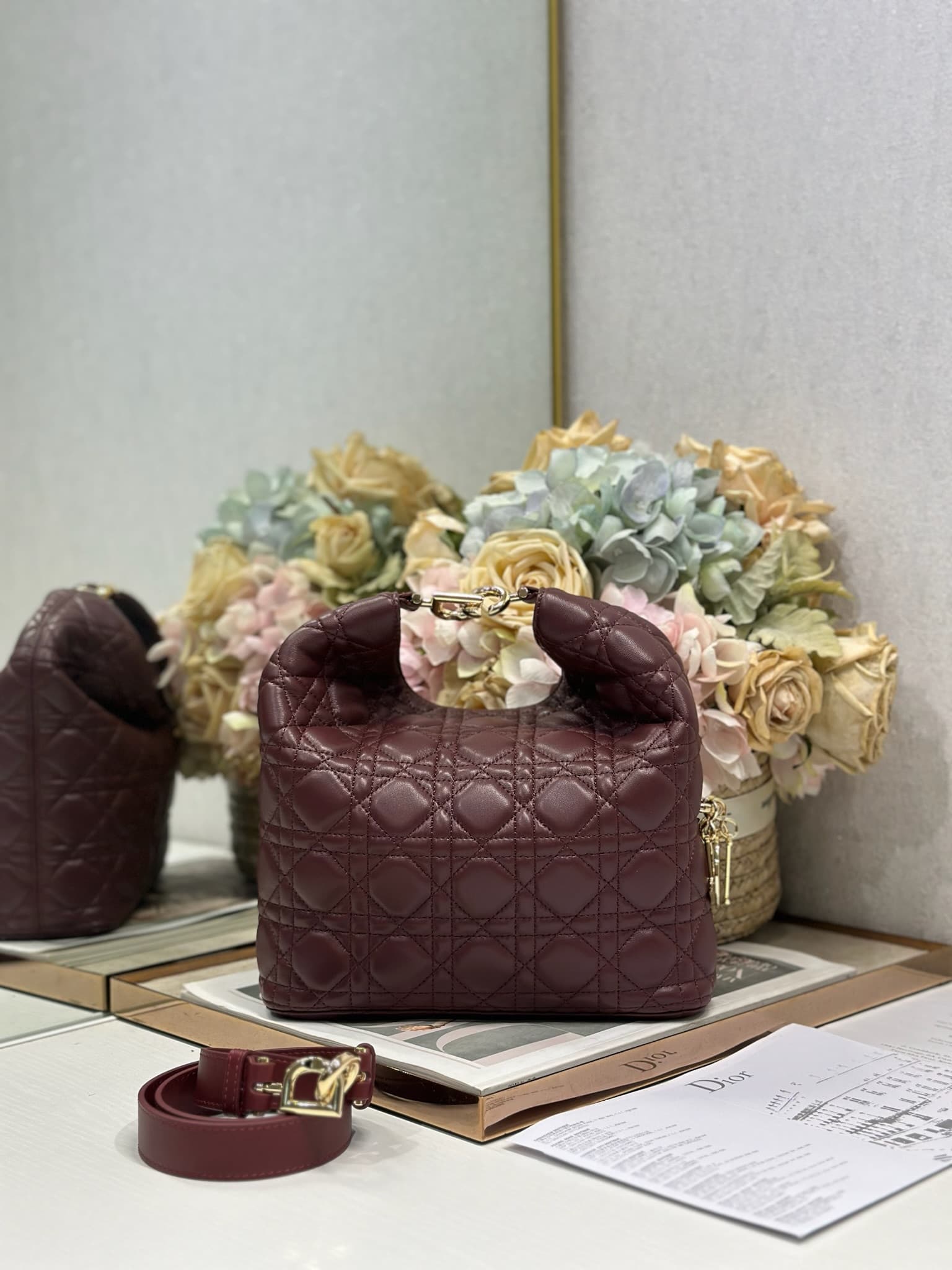 Dior Macrocannage Calfskin Handbag Burgundy High