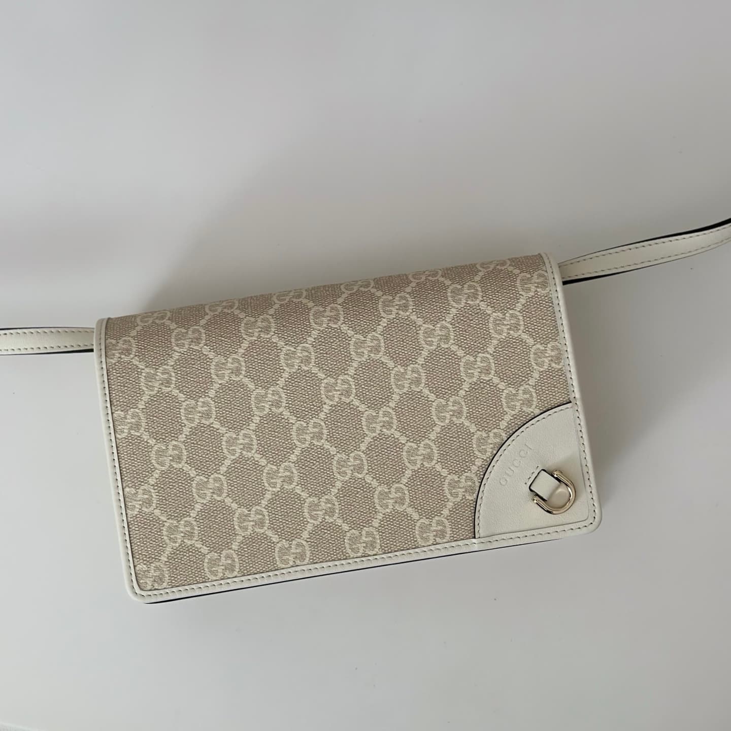 Gucci GG Emblem wallet beige and white fabric with leather strap 820688 High