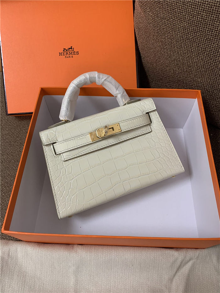 Hermes Kelly Mini II Bag Embossed Crocodile Leather WAX Silver/Gold Metal High Customizing style