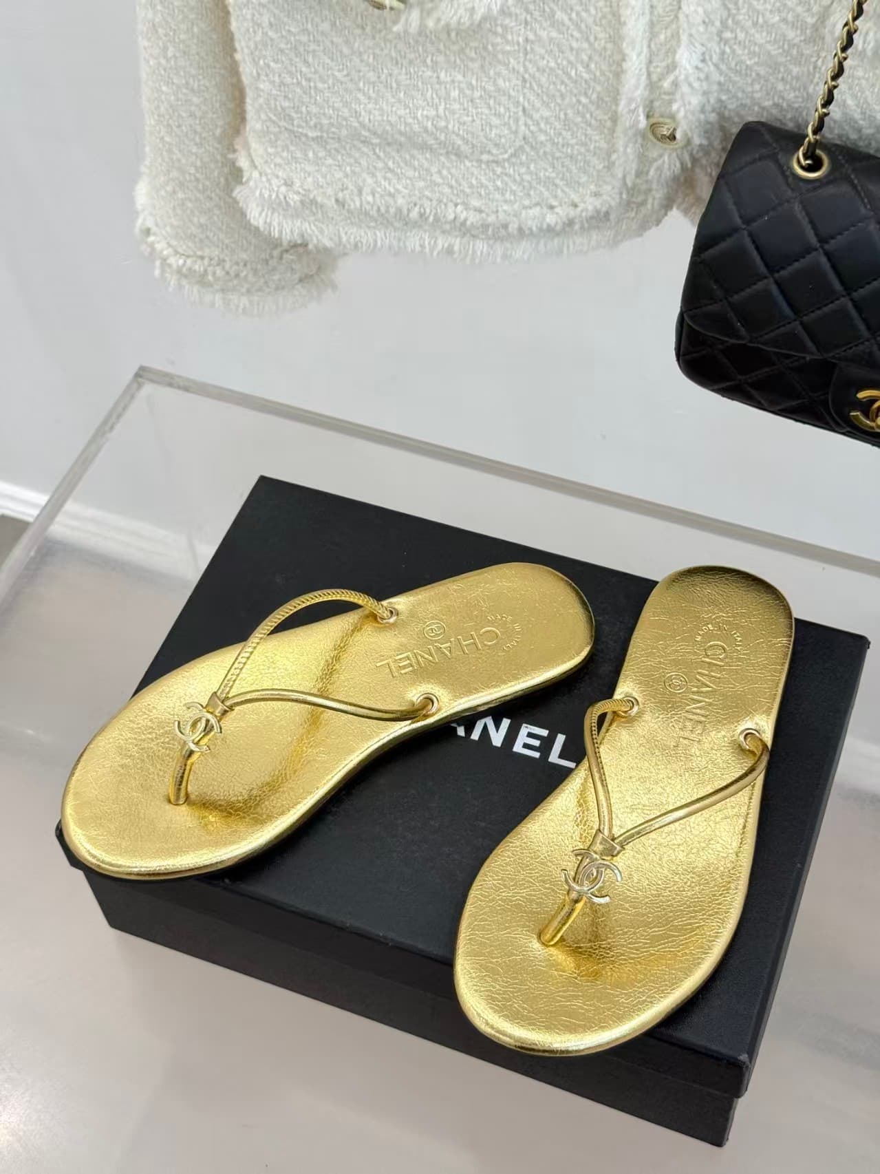 Chanel Gold Thong Sandals