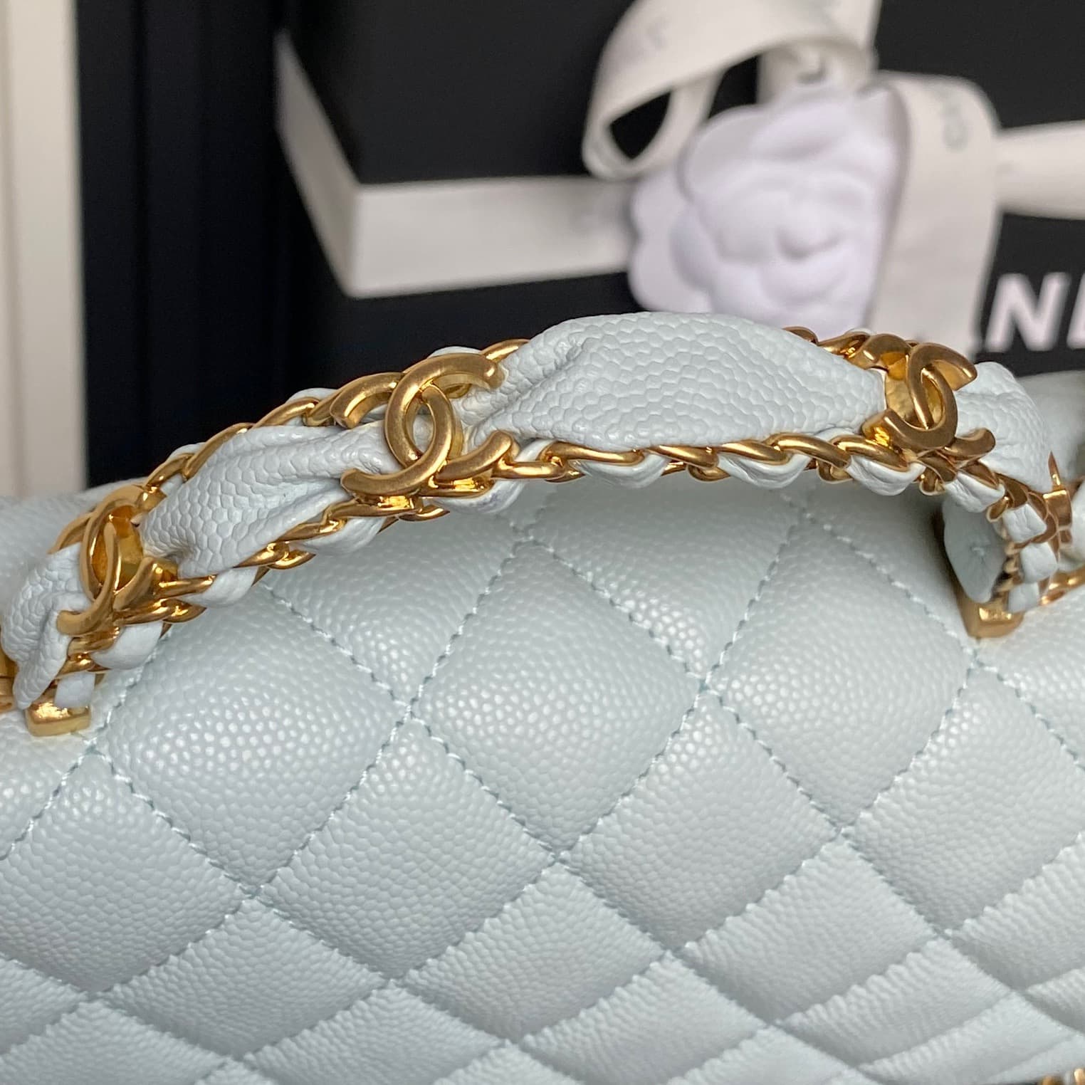 Chanel Small Flap Bag with Top Handle Grained Shiny Calfskin &  Gold-Tone Metal Blue AS5702 A