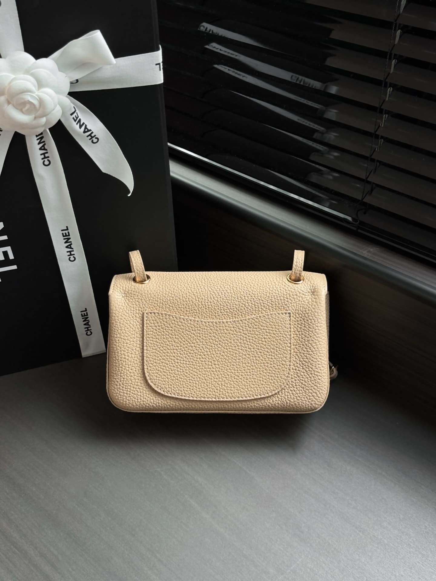 CHANEL Mini flap bag Grained Calfskin&Gold-tone metal Beige AS6573 A