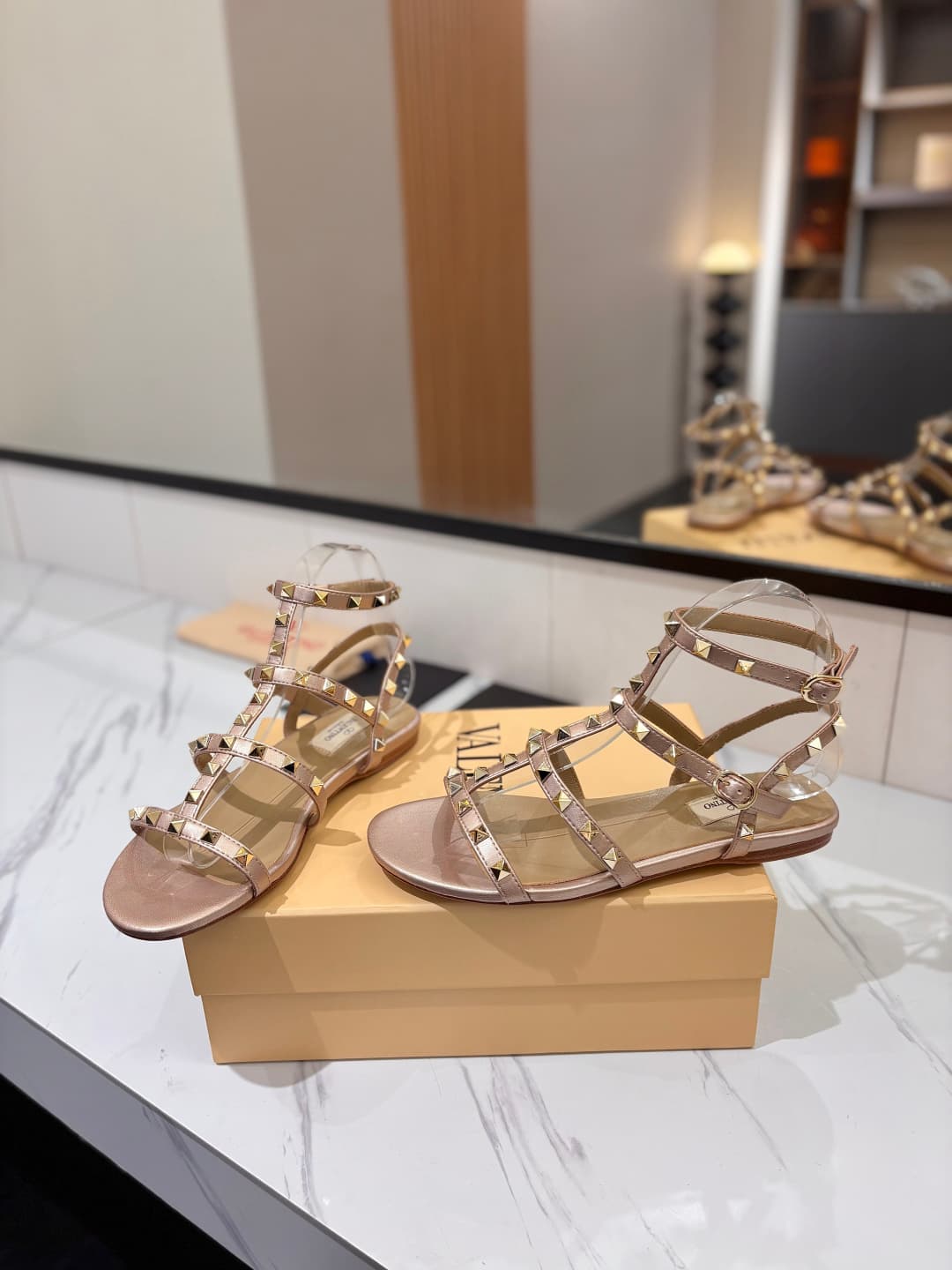 Valentino Garavani Rockstud Flat Calfskin Sandal with Straps