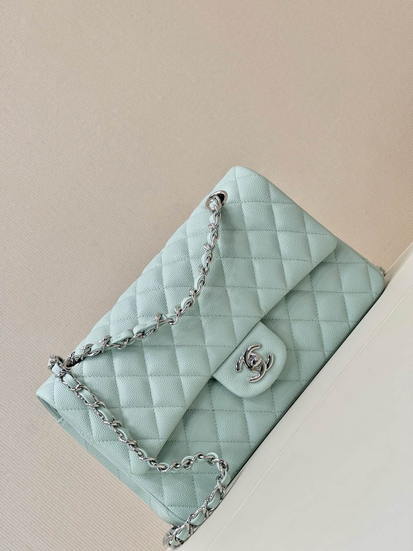 Chanel Medium CLASSIC HANDBAG Grained  Calfskin & Silver-Tone Metal Light Blue TOP