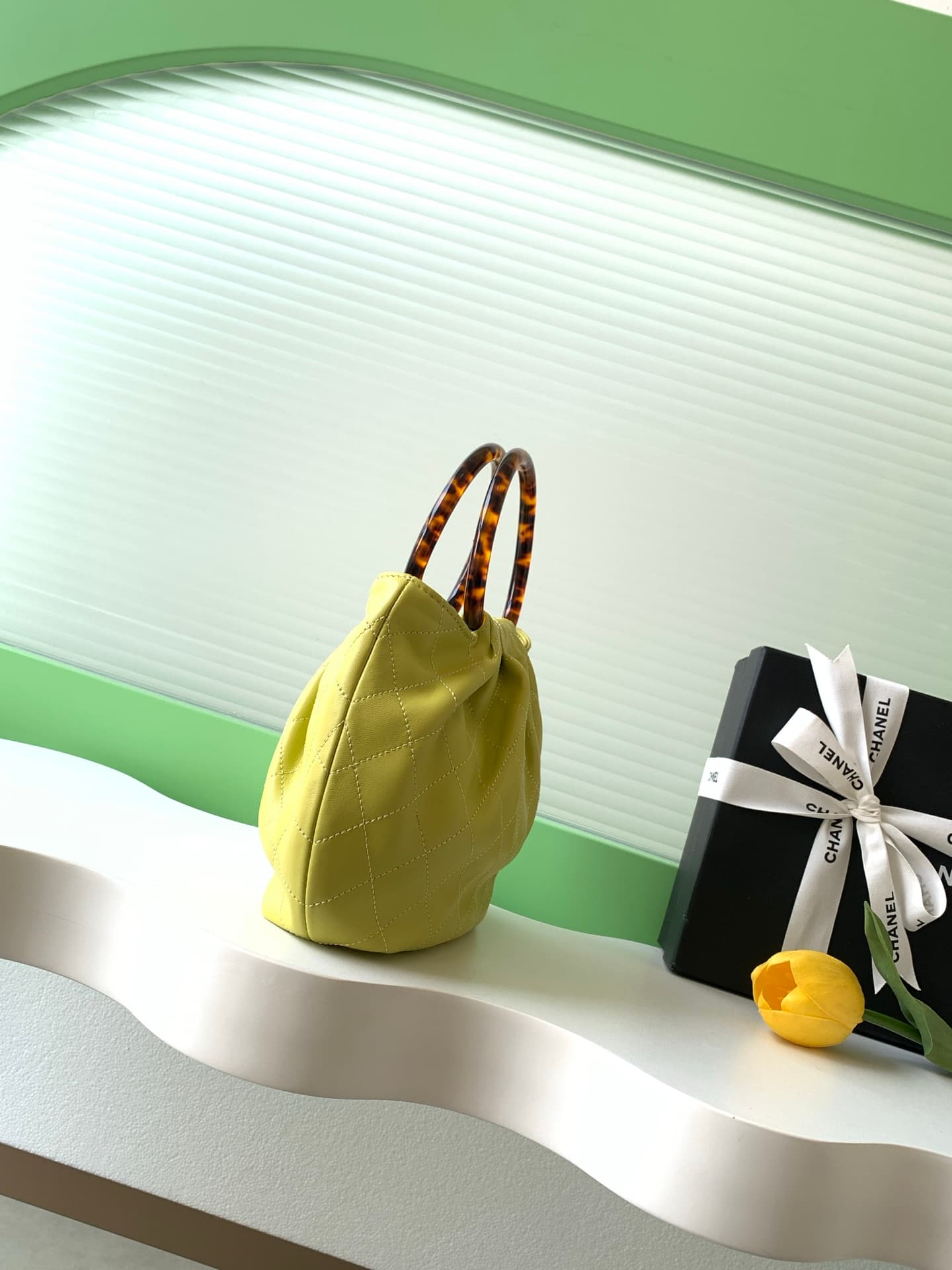 Chanel Small Hobo Bag Lambskin-Shell Effect Plexi & Gold-Tone Metal Yellow AS6022 High