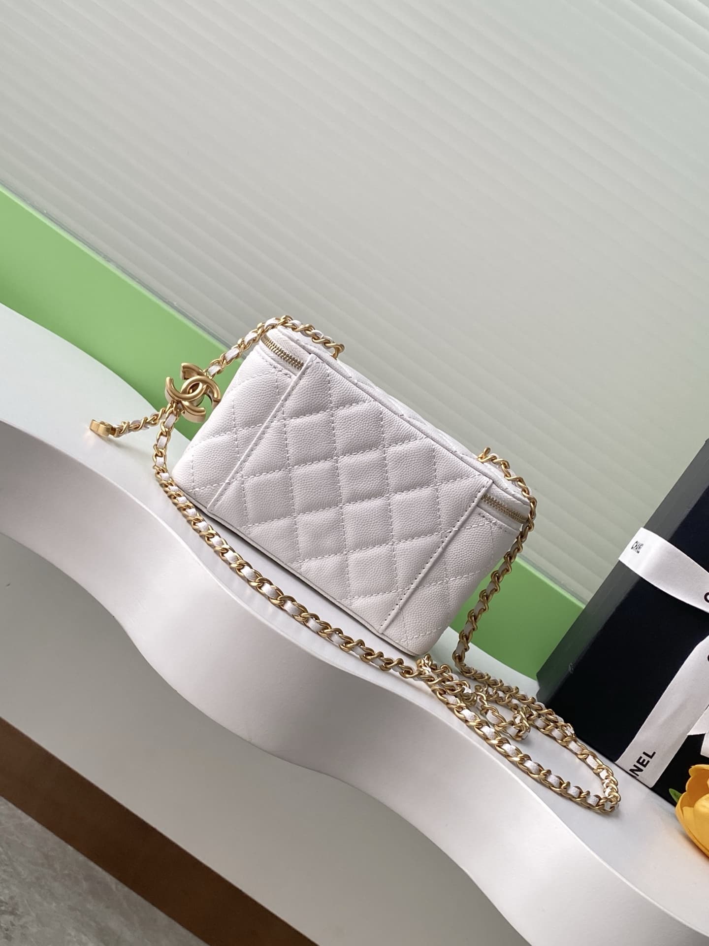 Chanel Vanity with Chain AP3940 Grained Calfskin & Gold Metal White A