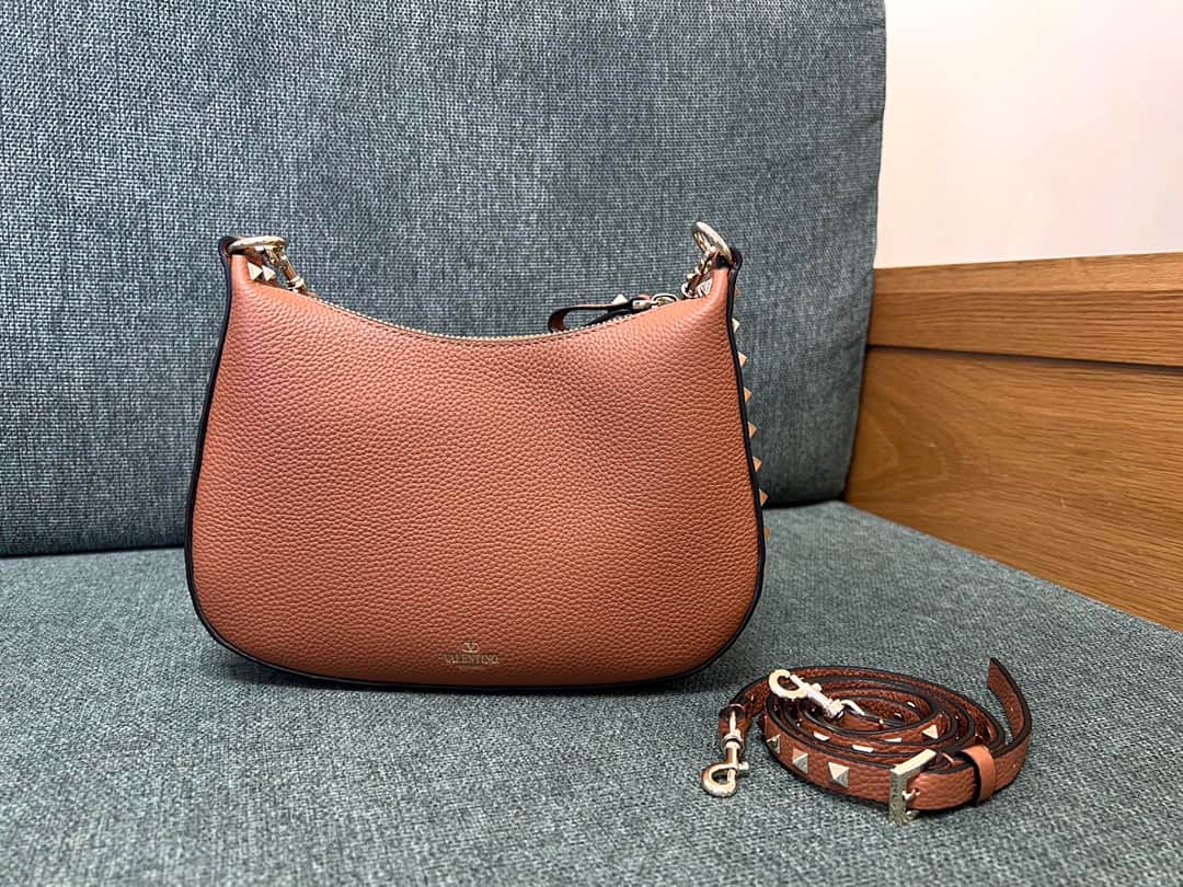 Valentino Garavani Rockstud Hobo bag in grainy brown calfskin high