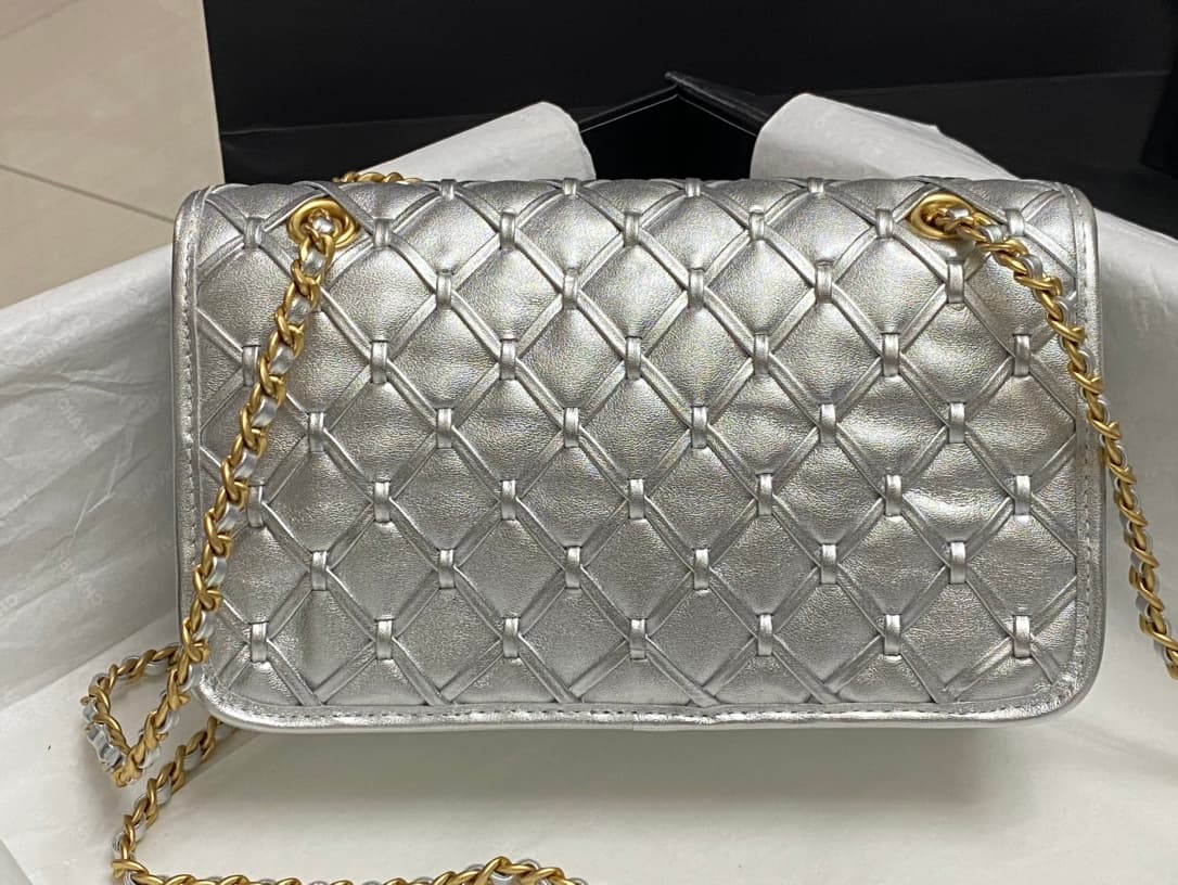 Chanel Small Flap Bag Metallized Braided Calfskin & Gold-Tone Metal  Silver AS4797 High