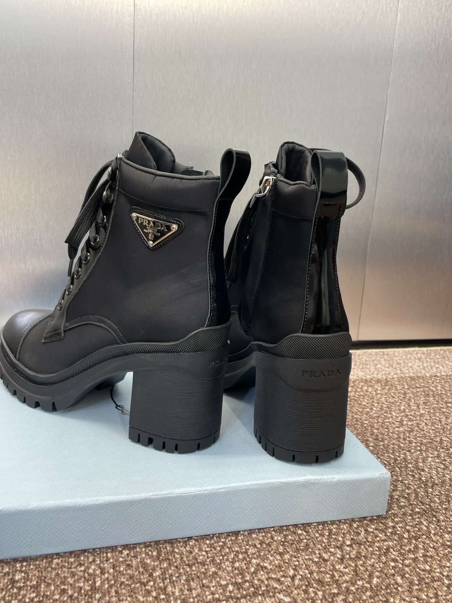 Prada Enameled Metal Triangle Nylon Combat Boots Shoes Medium Women