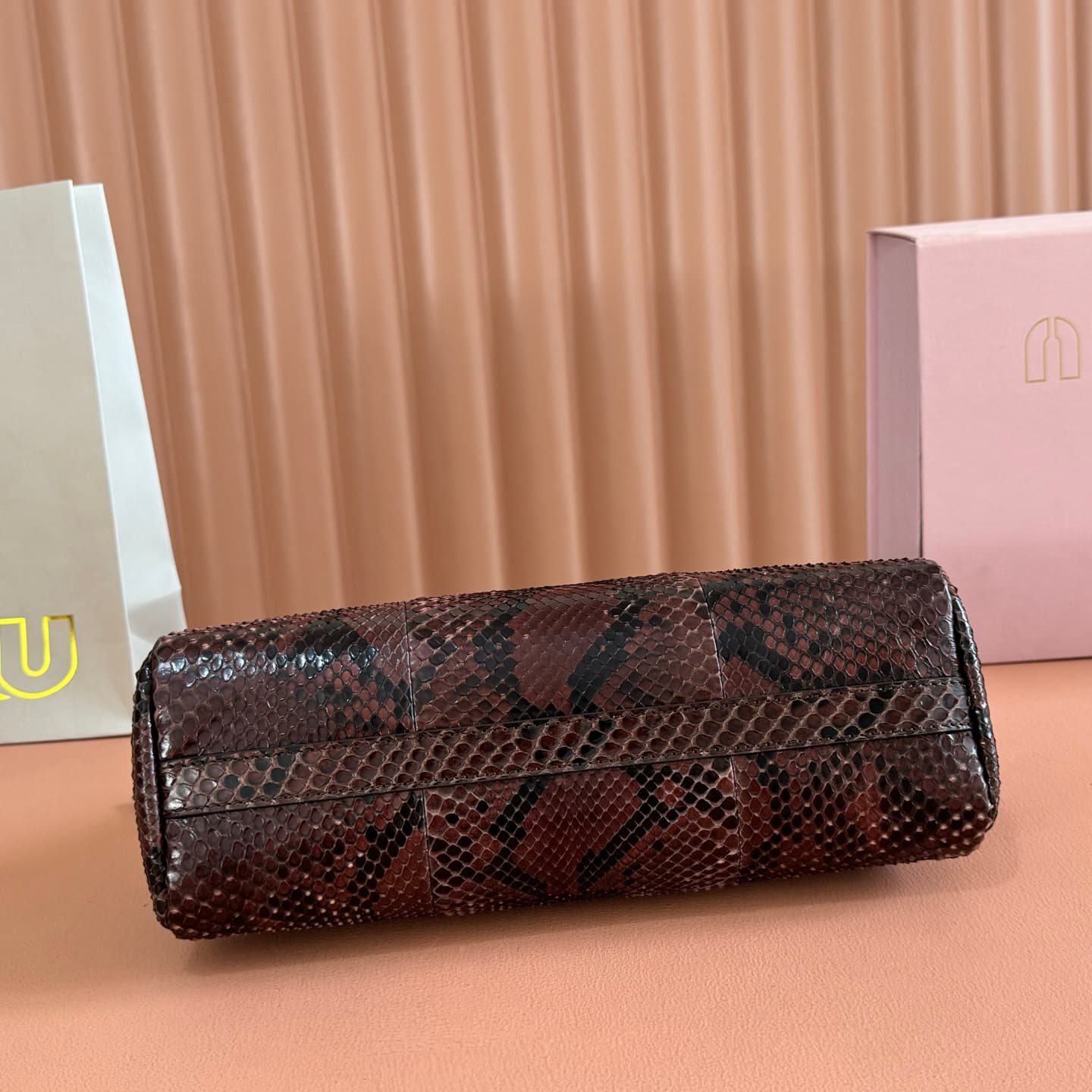 Miu Miu Caprice Tobacco python-print Ayers leather clutch 5BF130 TOP