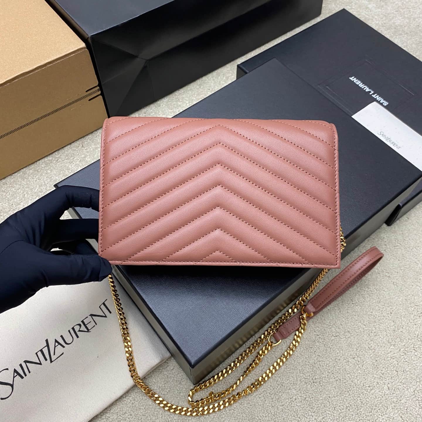 Saint Laurent Monogram Matelassé Cassandre Wallet on Chain Ice Plum Pink Lambskin 393953 High