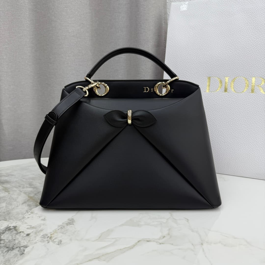 Large Dior Cigale Bag Black with Gold Metal Shiny Supple Calfskin High