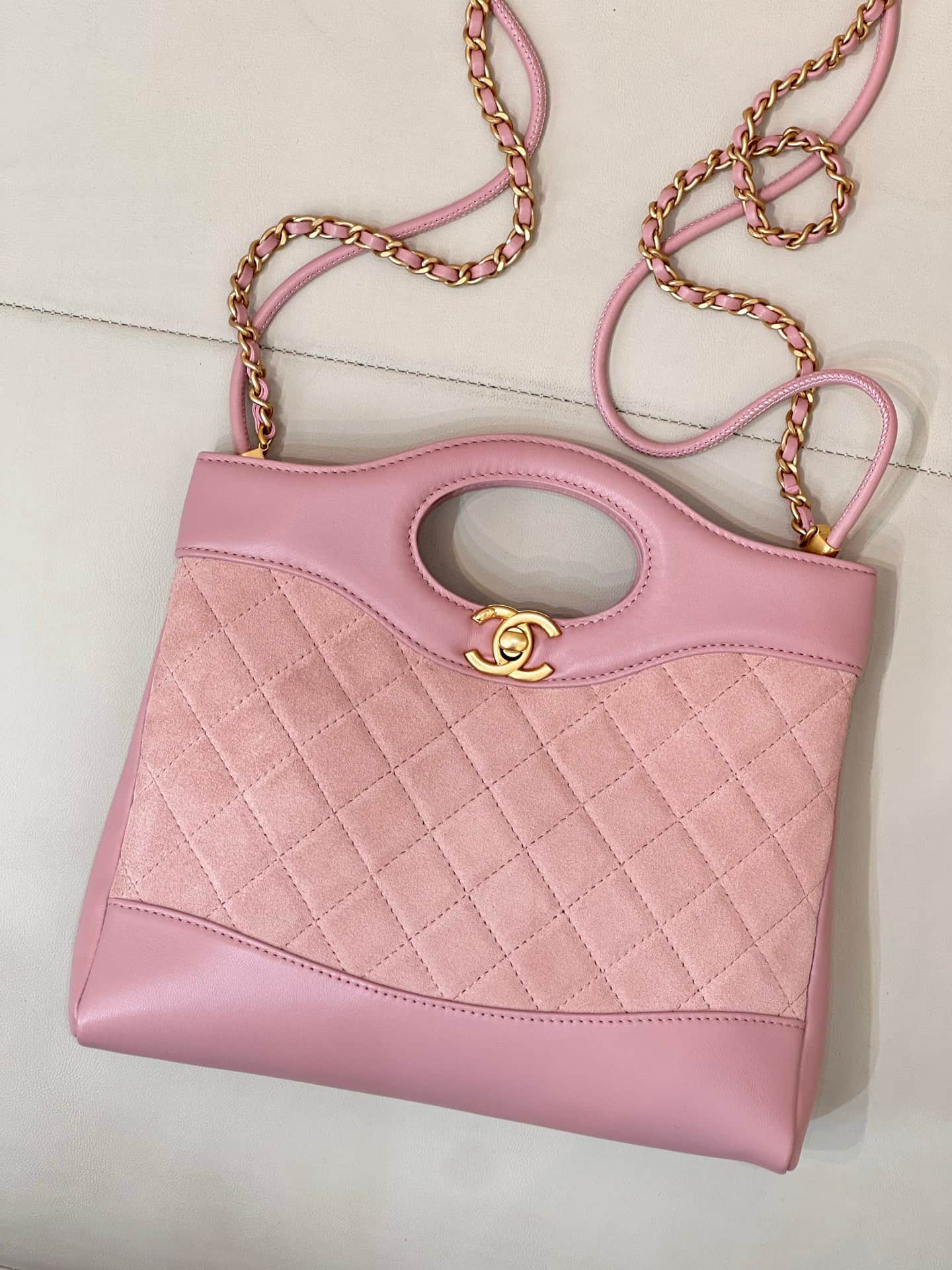 CHANEL 31 Mini Shopping Bag Shiny Lambskin & Suede  Gold-Tone Metal AS4133 Pink TOP