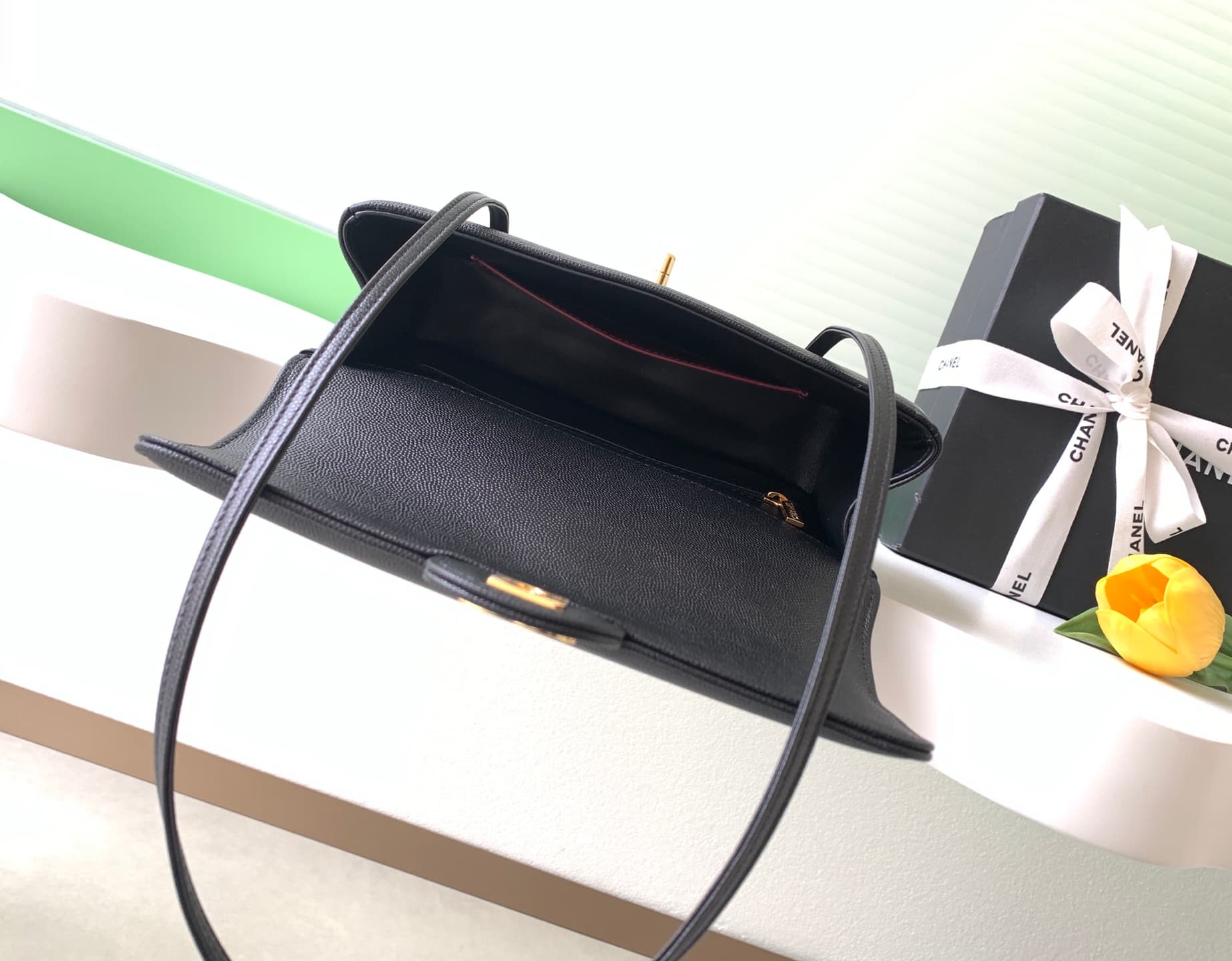 Chanel Small Flap Bag Grained Shiny Calfskin & Gold-Tone Metal AS6130 Black High