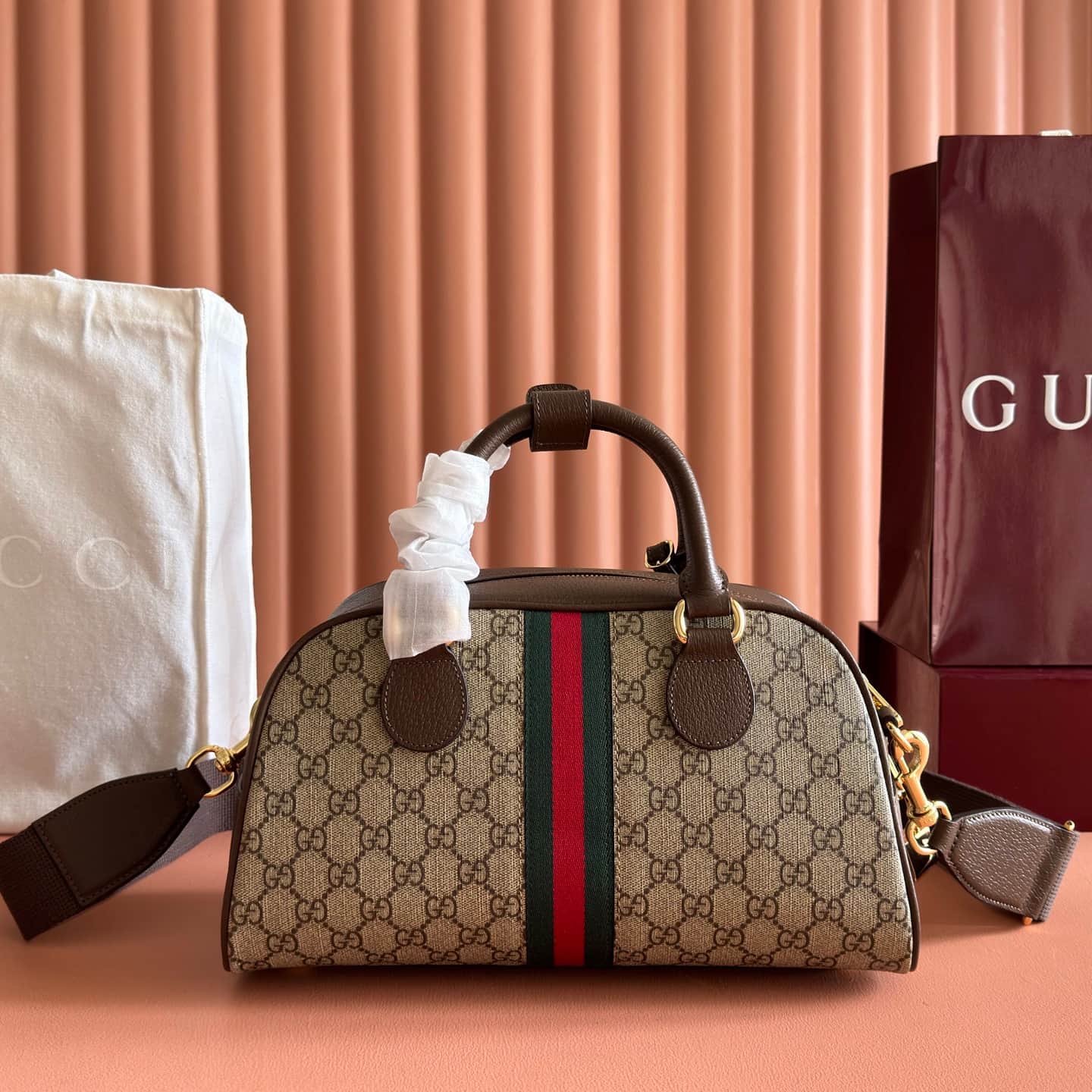 Gucci Ophidia Medium GG Top Handle Bag in beige and brown monogram canvas 724575 High