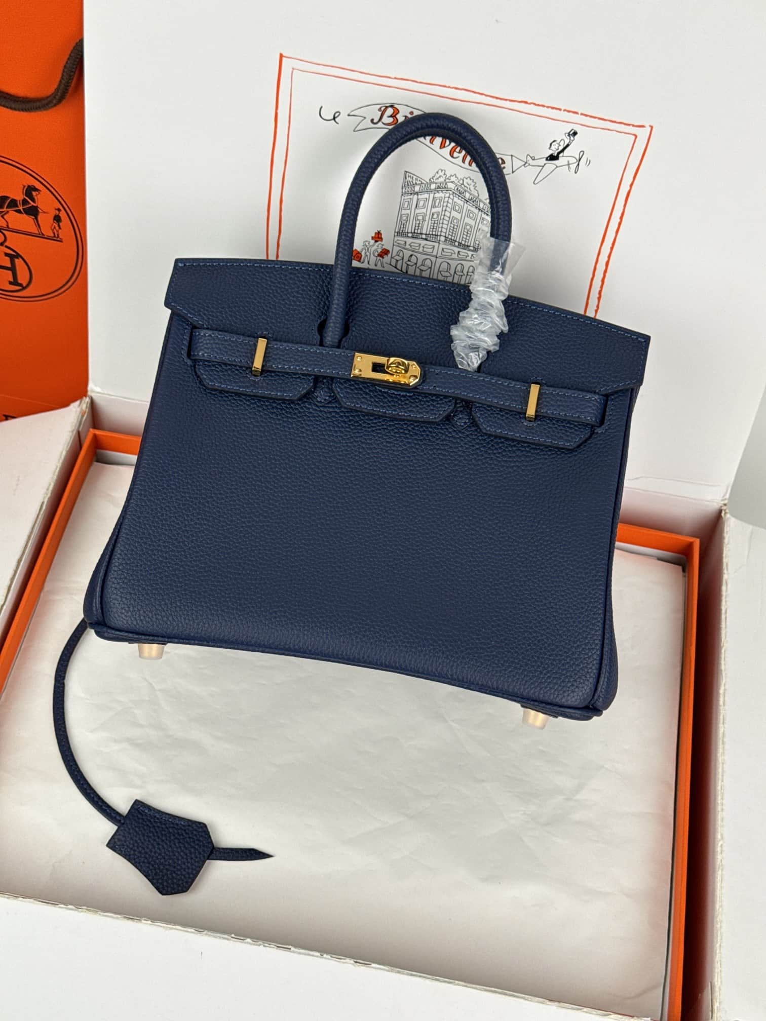Hermes Birkin 25/30 Bag Togo Calfskin Leather Bleu Obscur High
