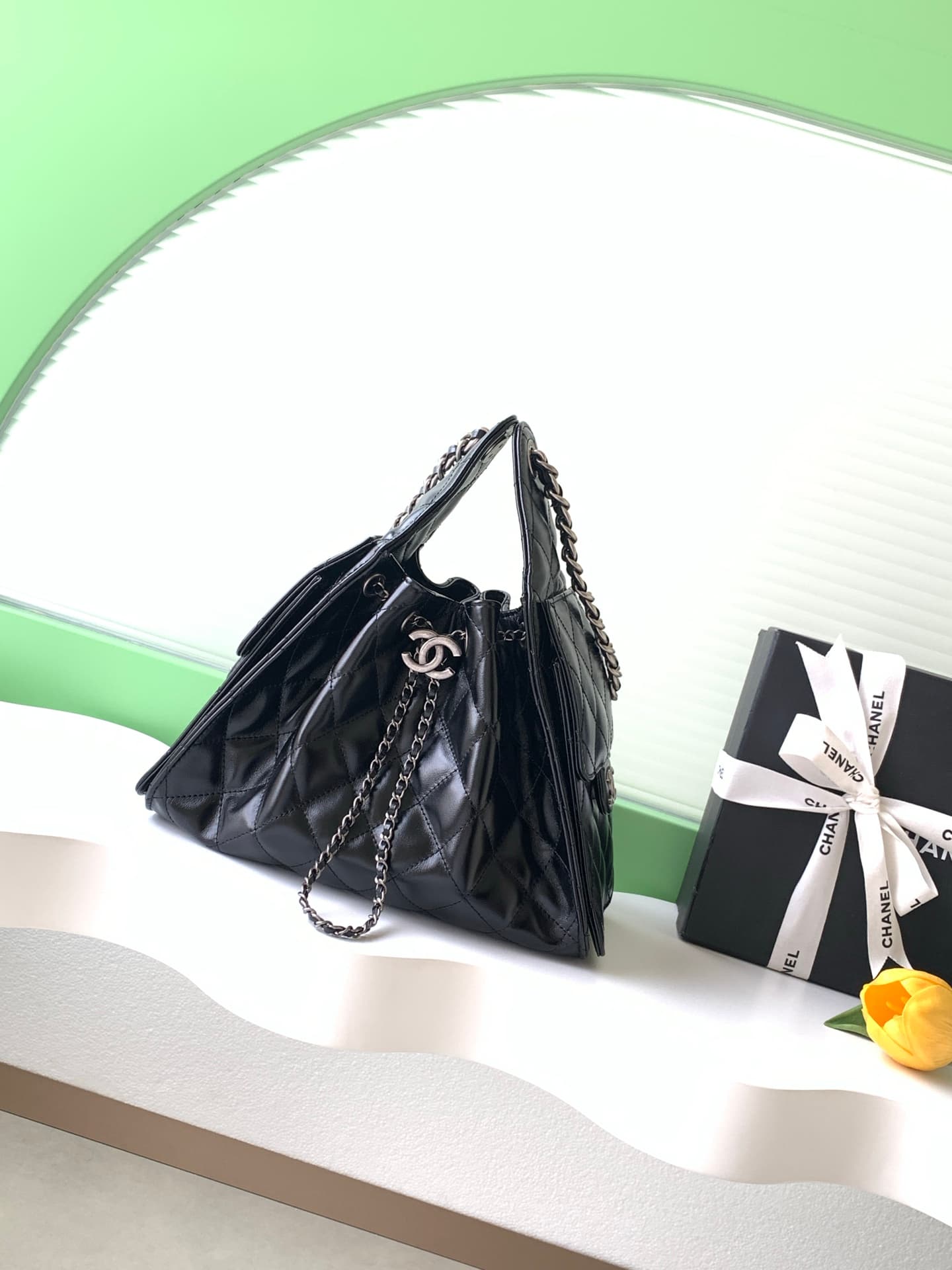 Chanel 25 Small Hobo handbag AS5293 Shiny calfskin&Silver-tone metal Black A