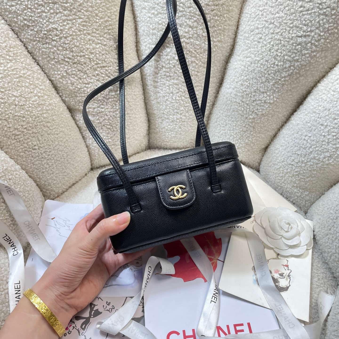 Chanel Long Vanity with Leather Strap Grained Shiny Calfskin & Gold-Tone Metal Black AP5067 A