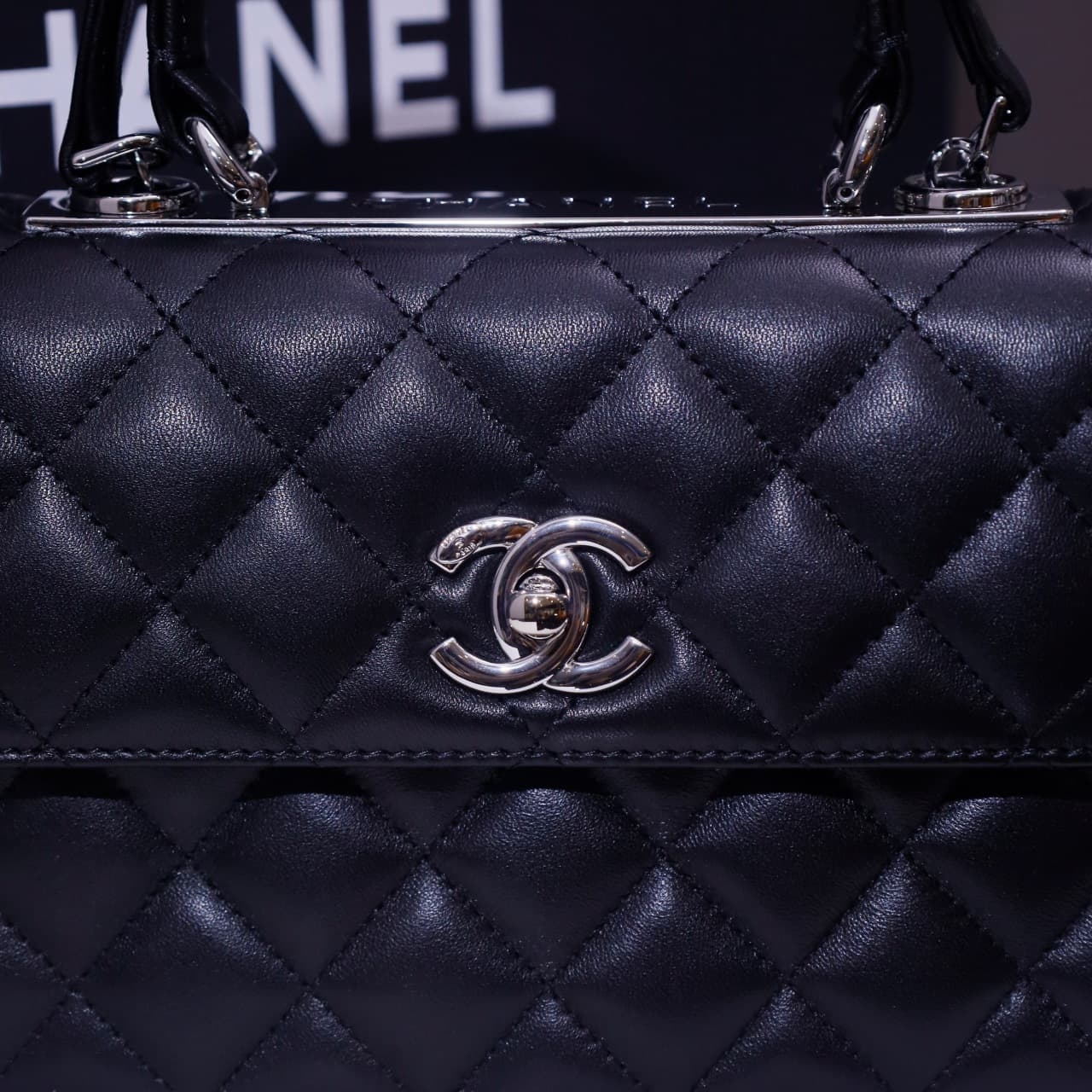 Chanel MINI FLAP BAG WITH TOP HANDLE AS4654 Lambskin &Silver-Tone Metal Black A