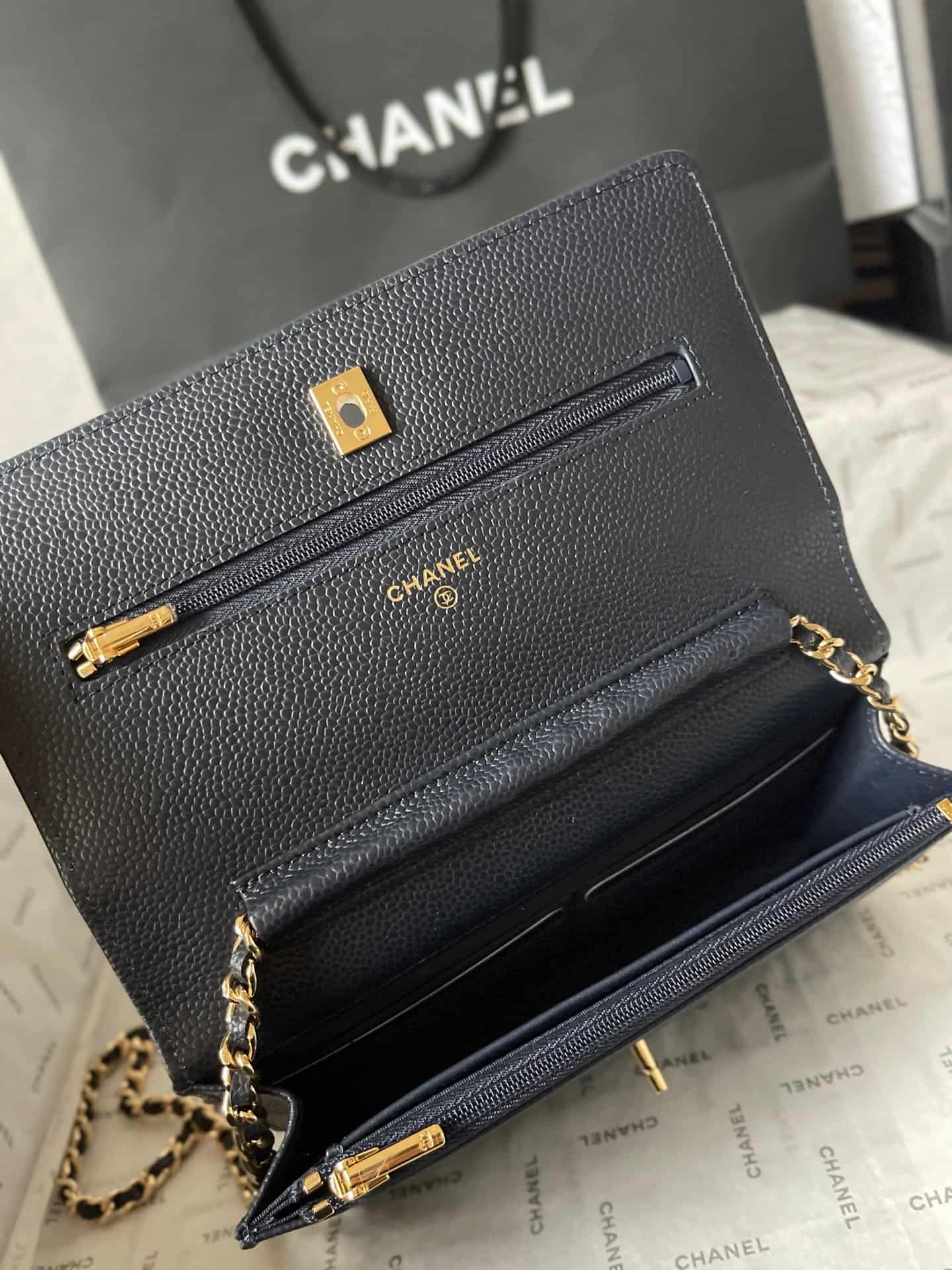 Chanel Classic Wallet on Chain Grained Shiny Calfskin & Gold-Tone Metal AP4241 Dark Blue A