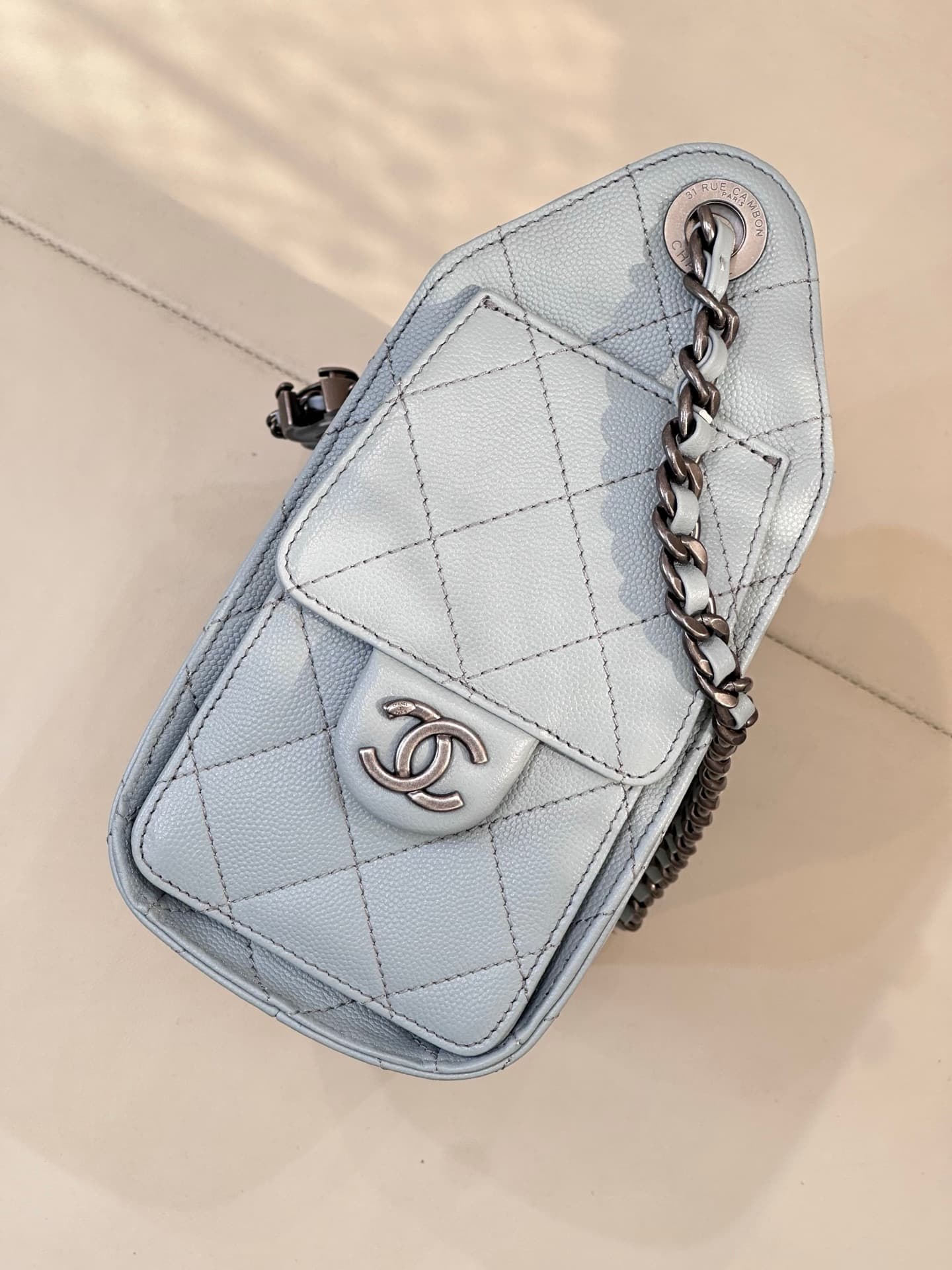 CHANEL 25 Mini Handbag AS5631 Grained Calfskin & Black & Silver-Tone Metal Light Blue TOP