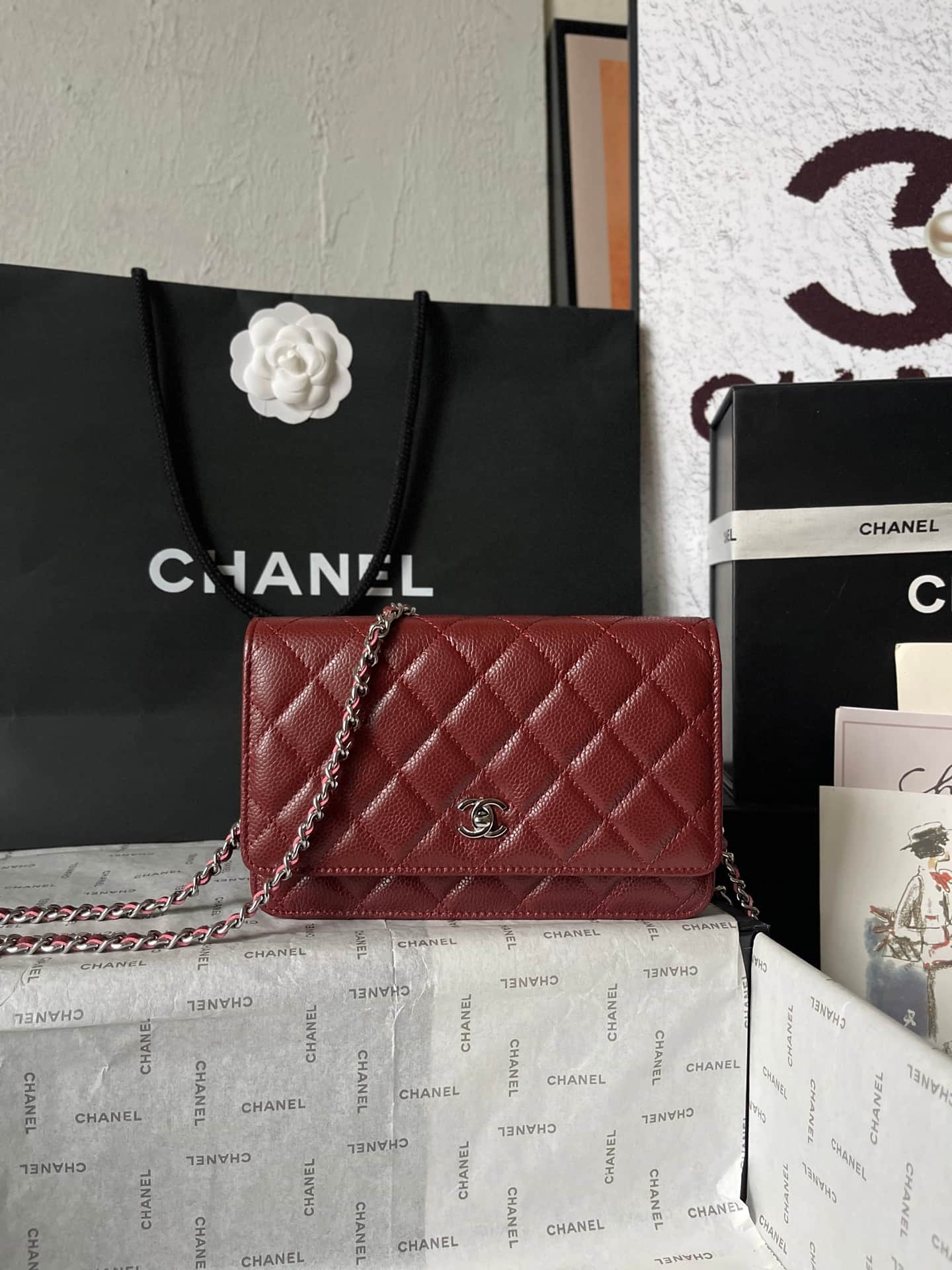 Chanel Classic Wallet on Chain Grained Shiny Calfskin & Silver-Tone Metal AP4241 Dark Brown A