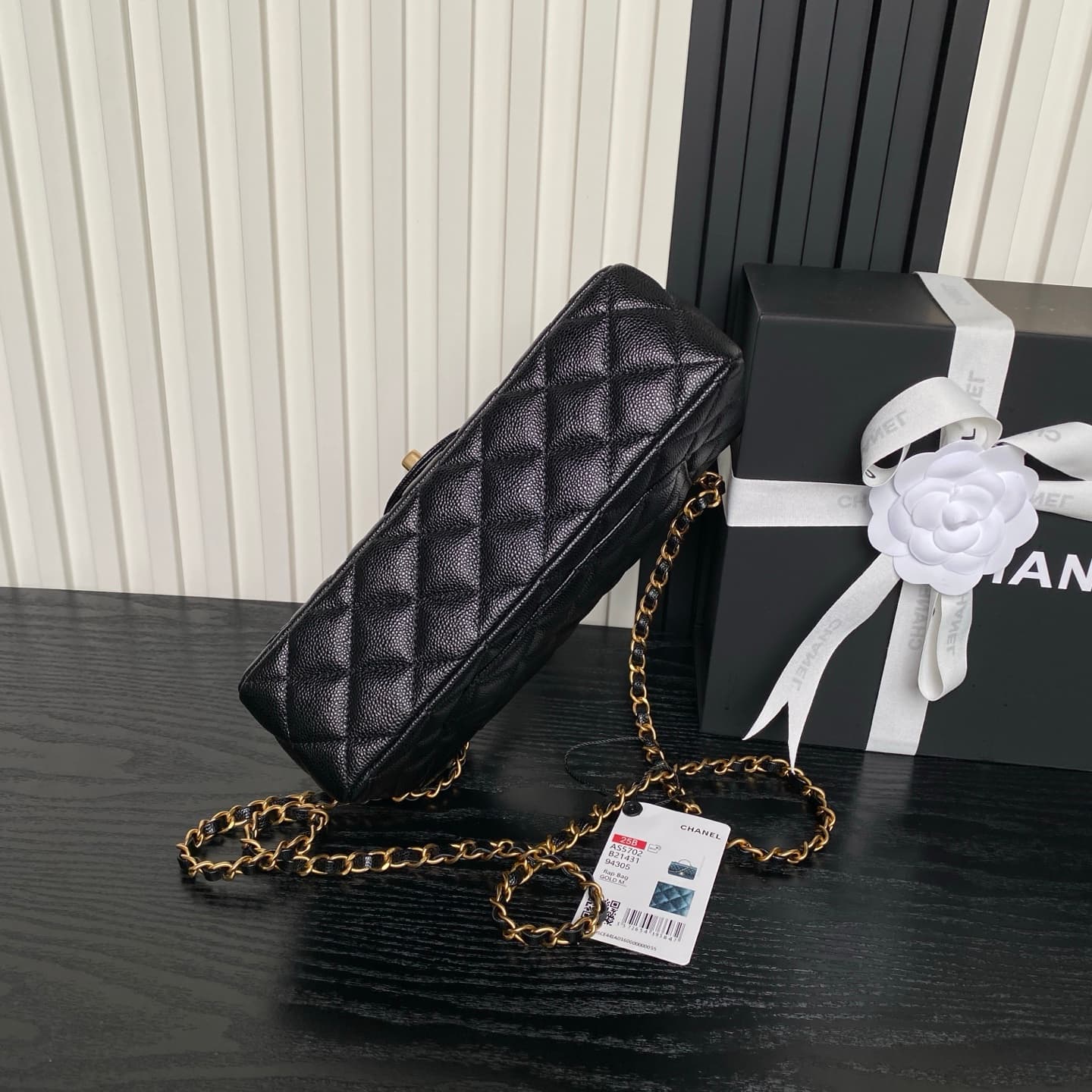 Chanel Small Flap Bag with Top Handle Grained Shiny Calfskin &  Gold-Tone Metal Black AS5702 A