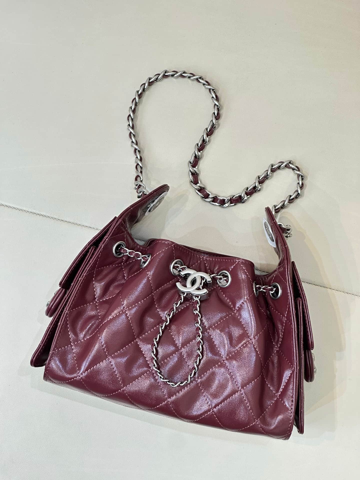 CHANEL 25 Mini Handbag AS5631 Shiny Calfskin & Silver-tone Metal Burgundy TOP