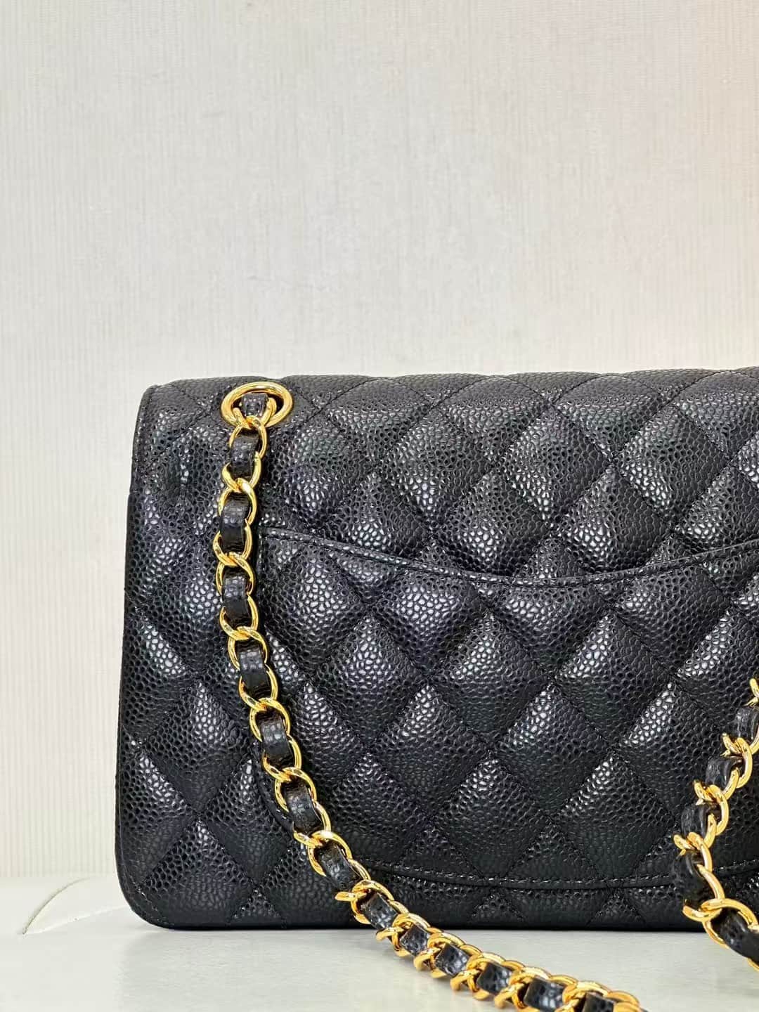 Chanel Small Classic Handbag Grained Calfskin Black Gold Metal TOP