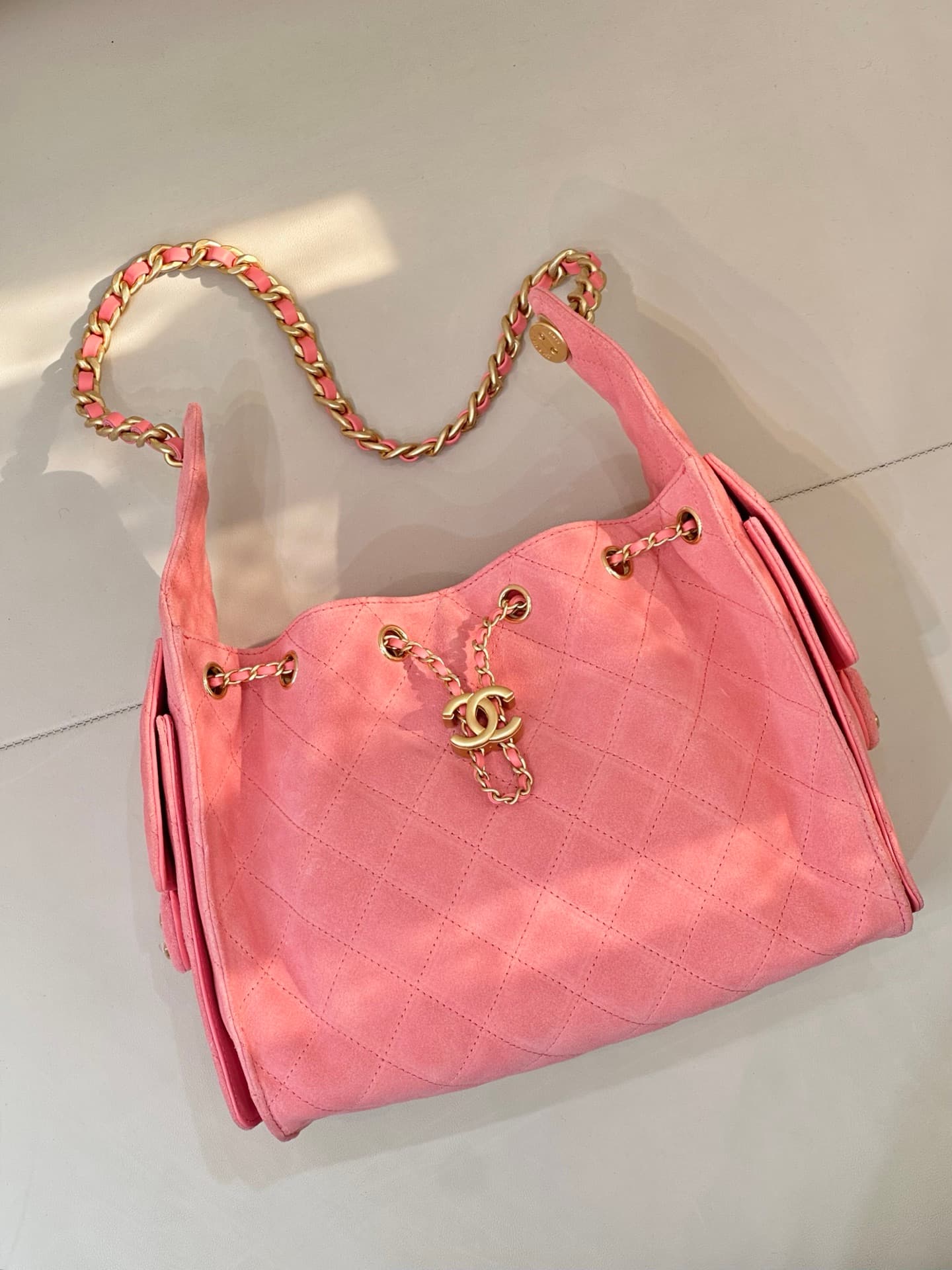 Chanel 25 Small Hobo handbag AS5293 Suede&Gold-tone Metal Peach TOP