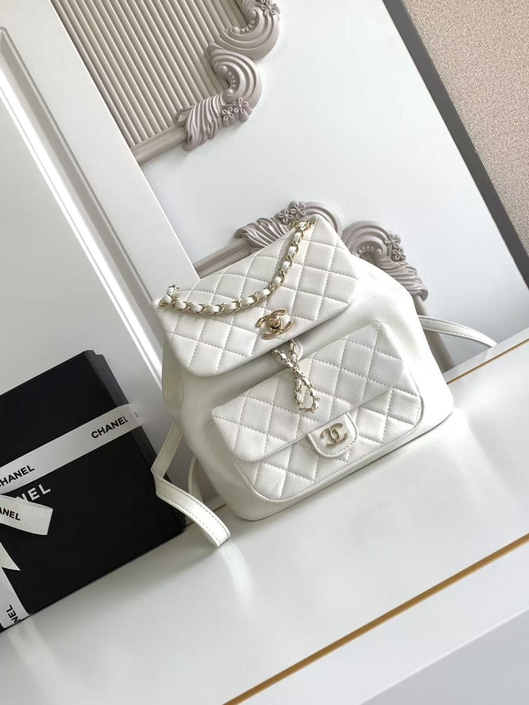 Chanel Medium Quilted Duma Backpack Lambskin AS3618 White A