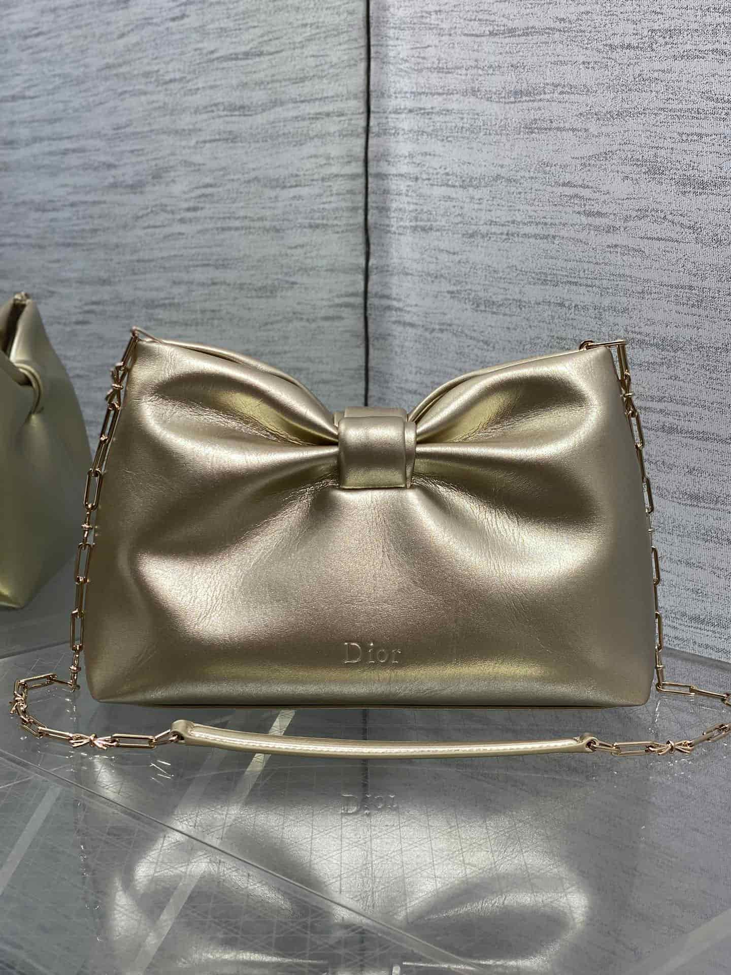 Small Dior Bow Bag Champagne Gold Leather High