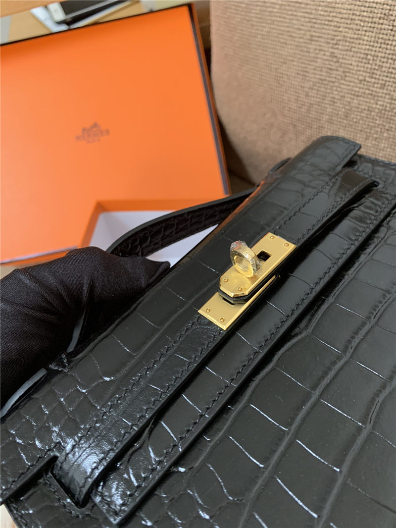 Hermes Kelly Pochette Bag Crocodile Silver/Gold Metal WAX Black High Customizing Style
