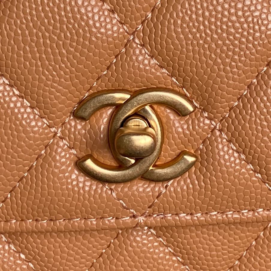 Chanel Mini Flap Bag with Top Handle Grained Shiny Calfskin & Gold-Tone Metal Tan AP4798 A