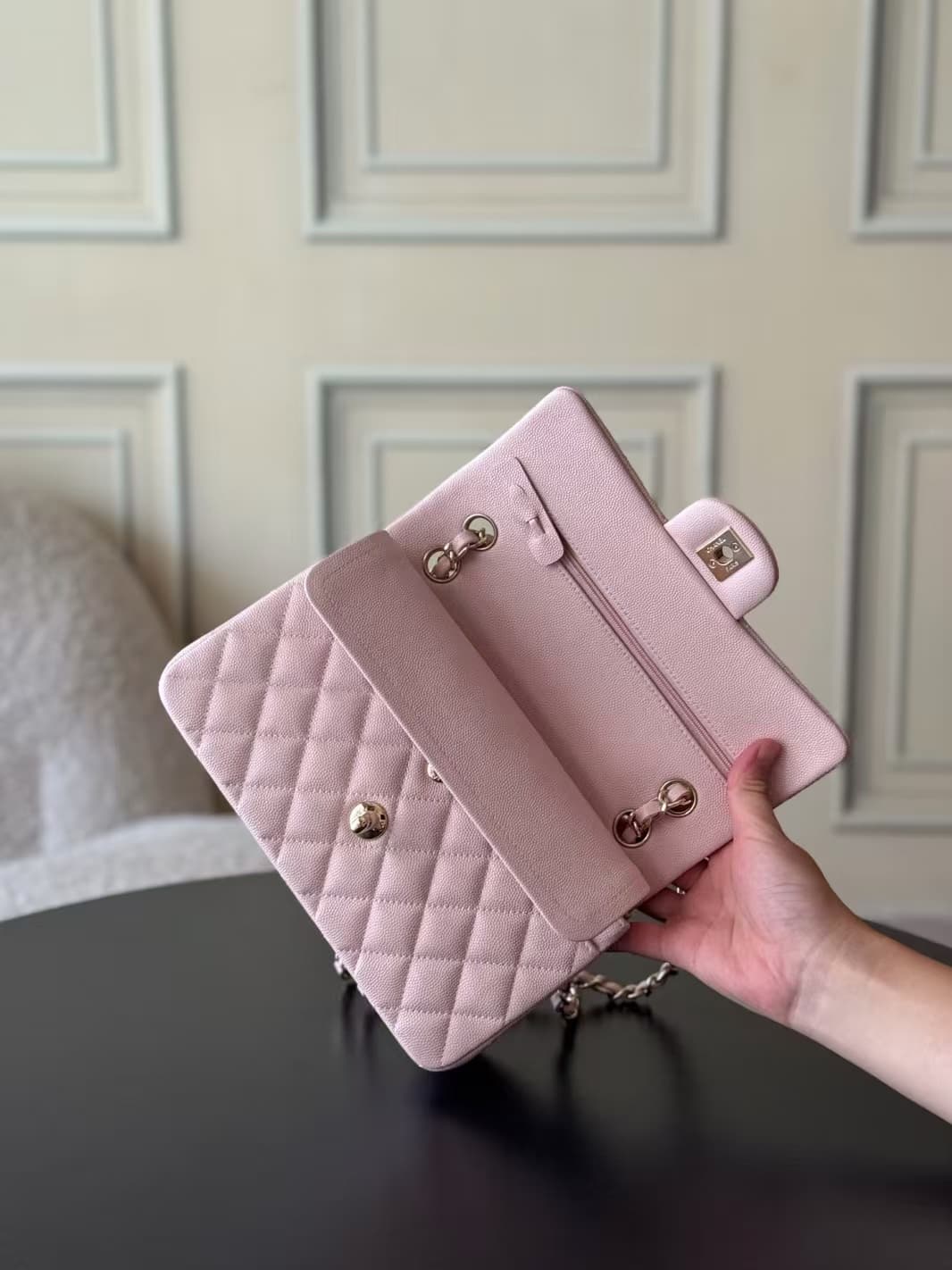 Chanel Small CLASSIC HANDBAG Grained Calfskin Gold-Tone Metal Pink 1117 TOP