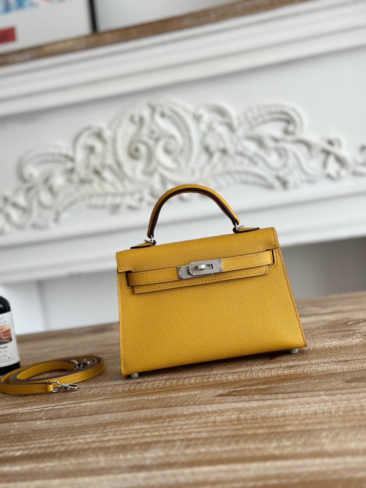 Hermes Kelly Mini II Bag Epsom Leather WAX Silver/Gold Metal Jaune Ambre High